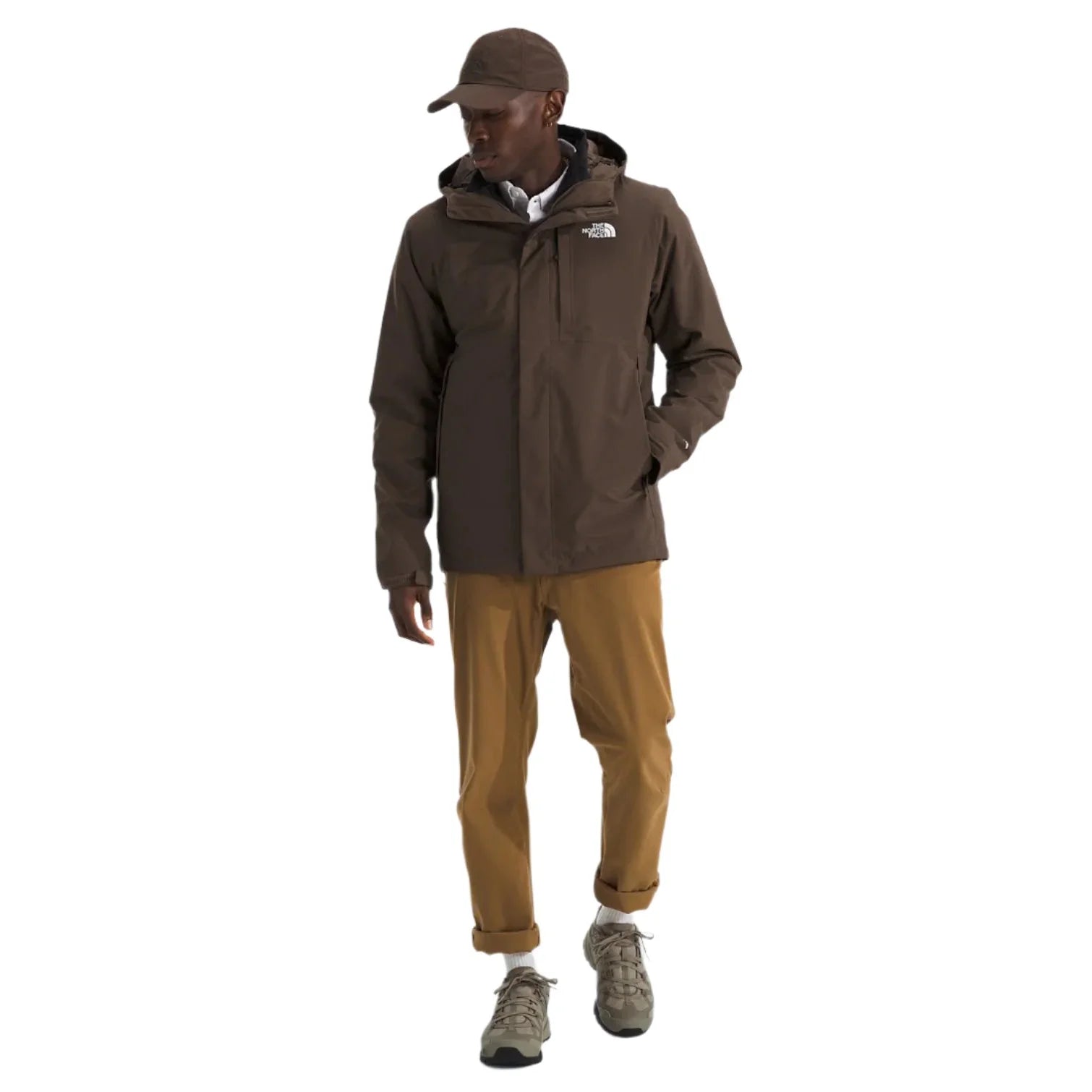 the north face mens carto triclimate jacket in smokey brown tnf black front total body model view 