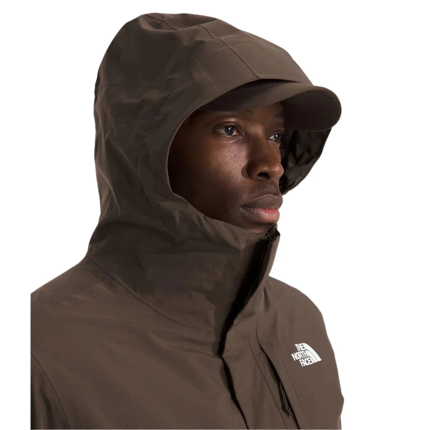 the north face mens carto triclimate jacket in smokey brown tnf black front hood model view