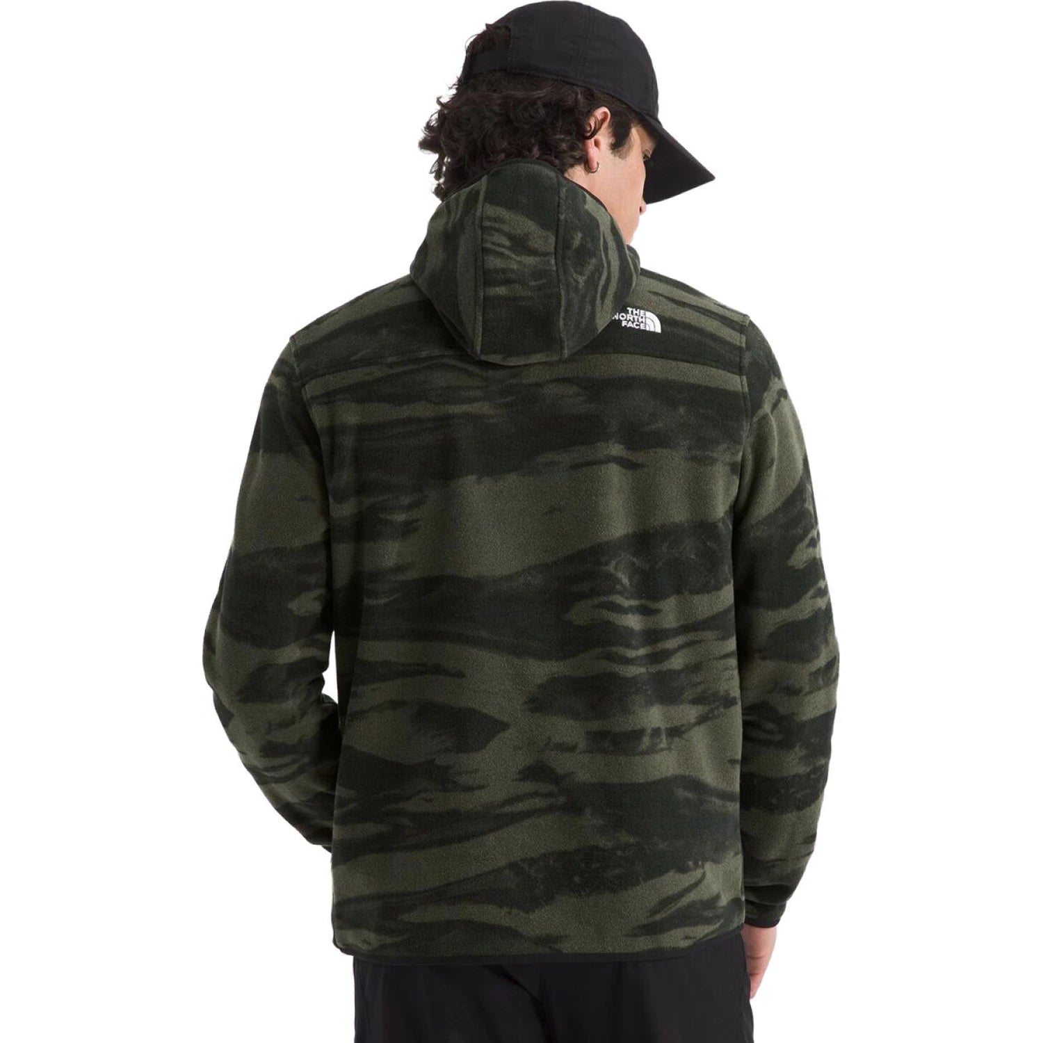 The North Face Men's Glacier Fleece Pullover Print Hoodie in new taupe green print, on model back  view