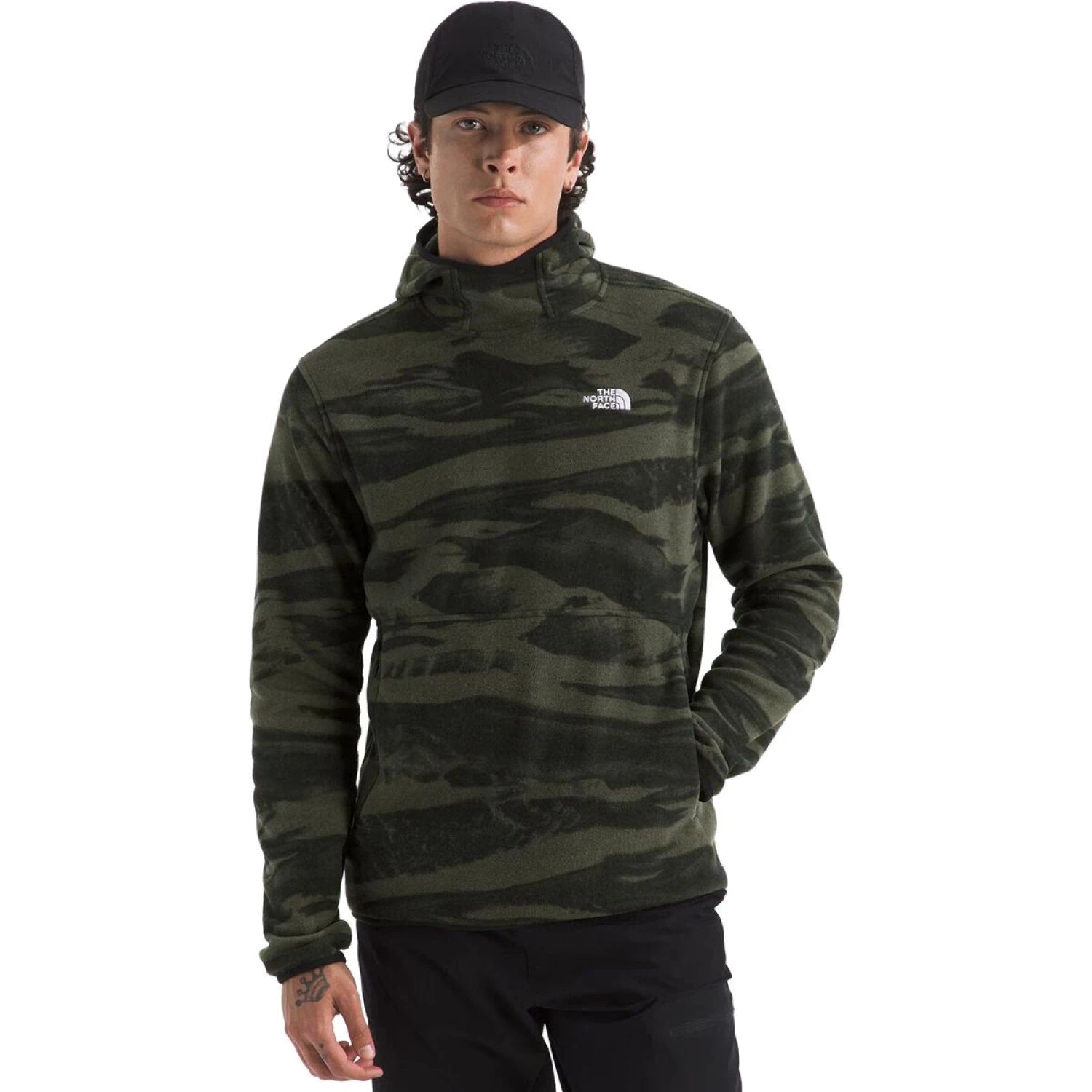 The North Face Men's Glacier Fleece Pullover Print Hoodie in new taupe green print, on model front view