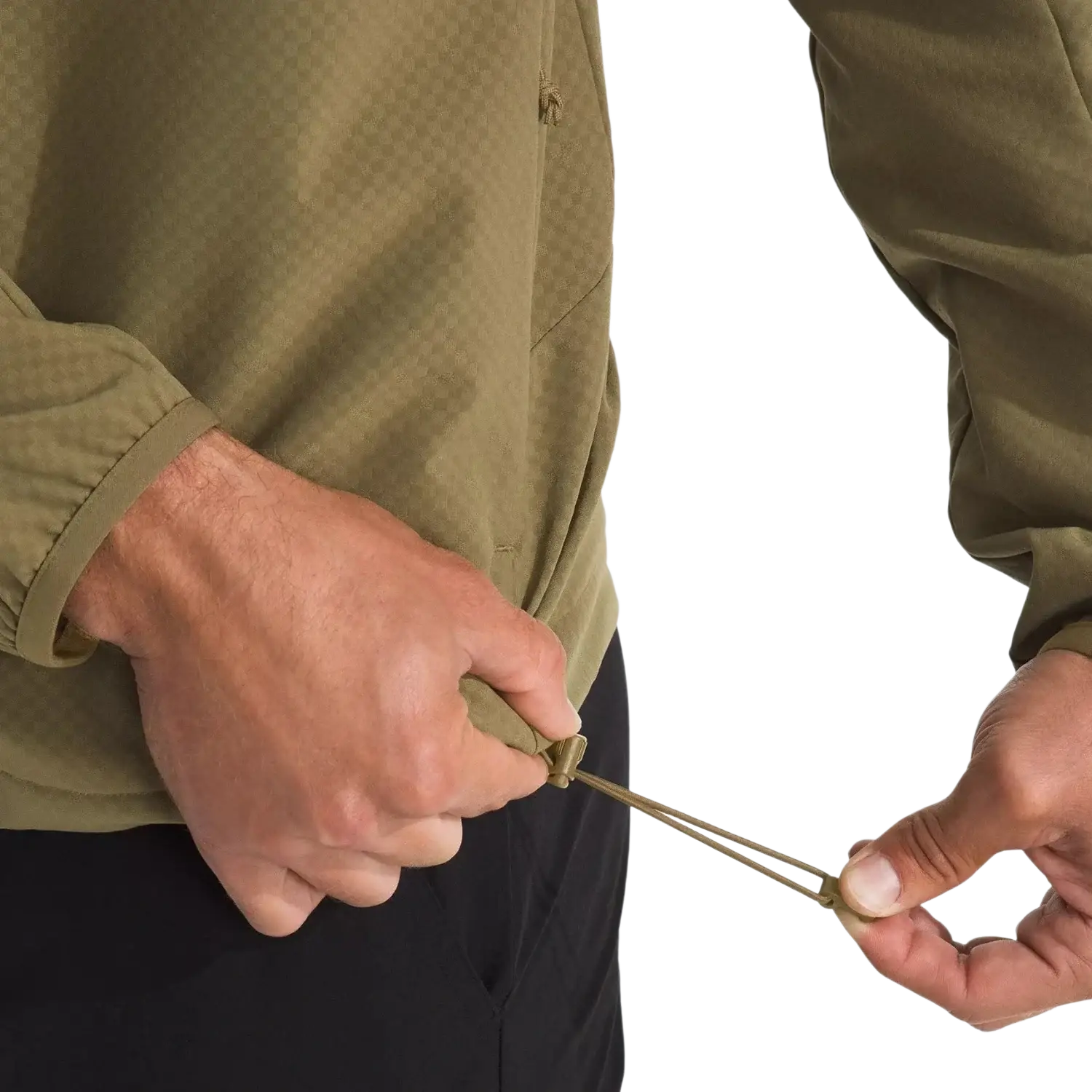 The North Face Men's Tek Approach Jacket in cedar, on model hem adjust detail view