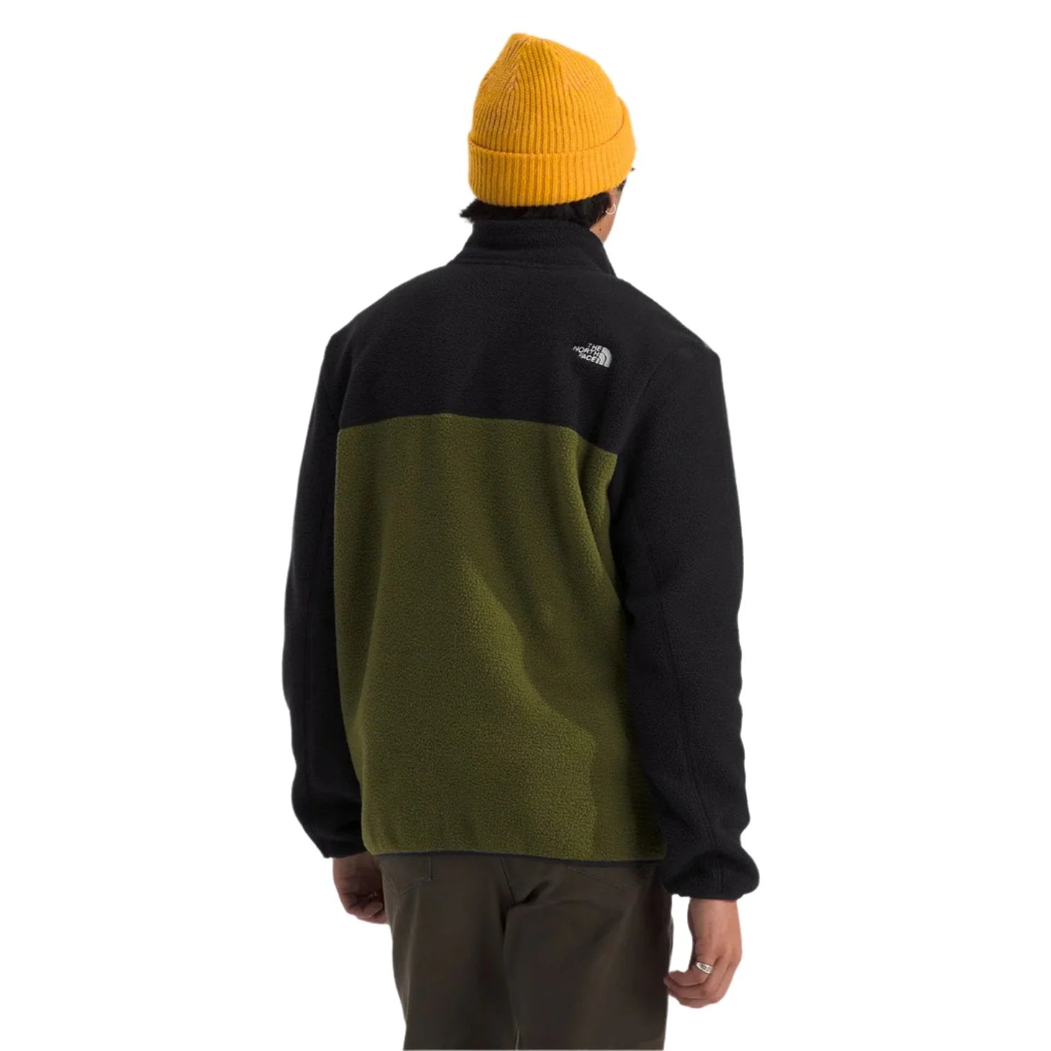 the north face mens yumiori full zip fleece in forest olive, tnf black, and amber green back model view