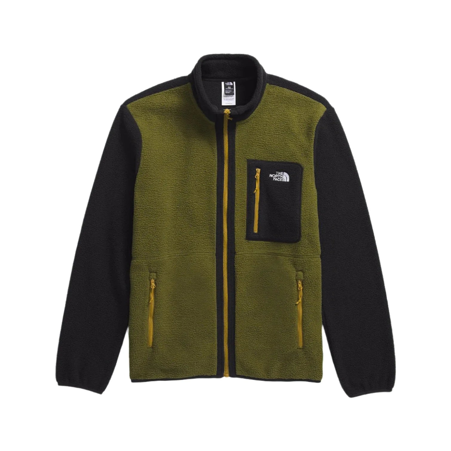 the north face mens yumiori full zip fleece in forest olive, tnf black, and amber green front flat view