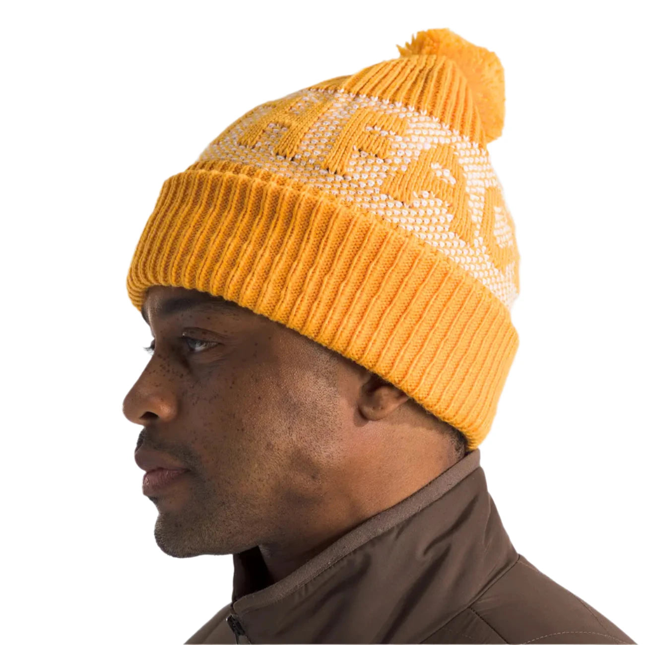 the north face retro cabin beanie in summit gold tnf white front model view