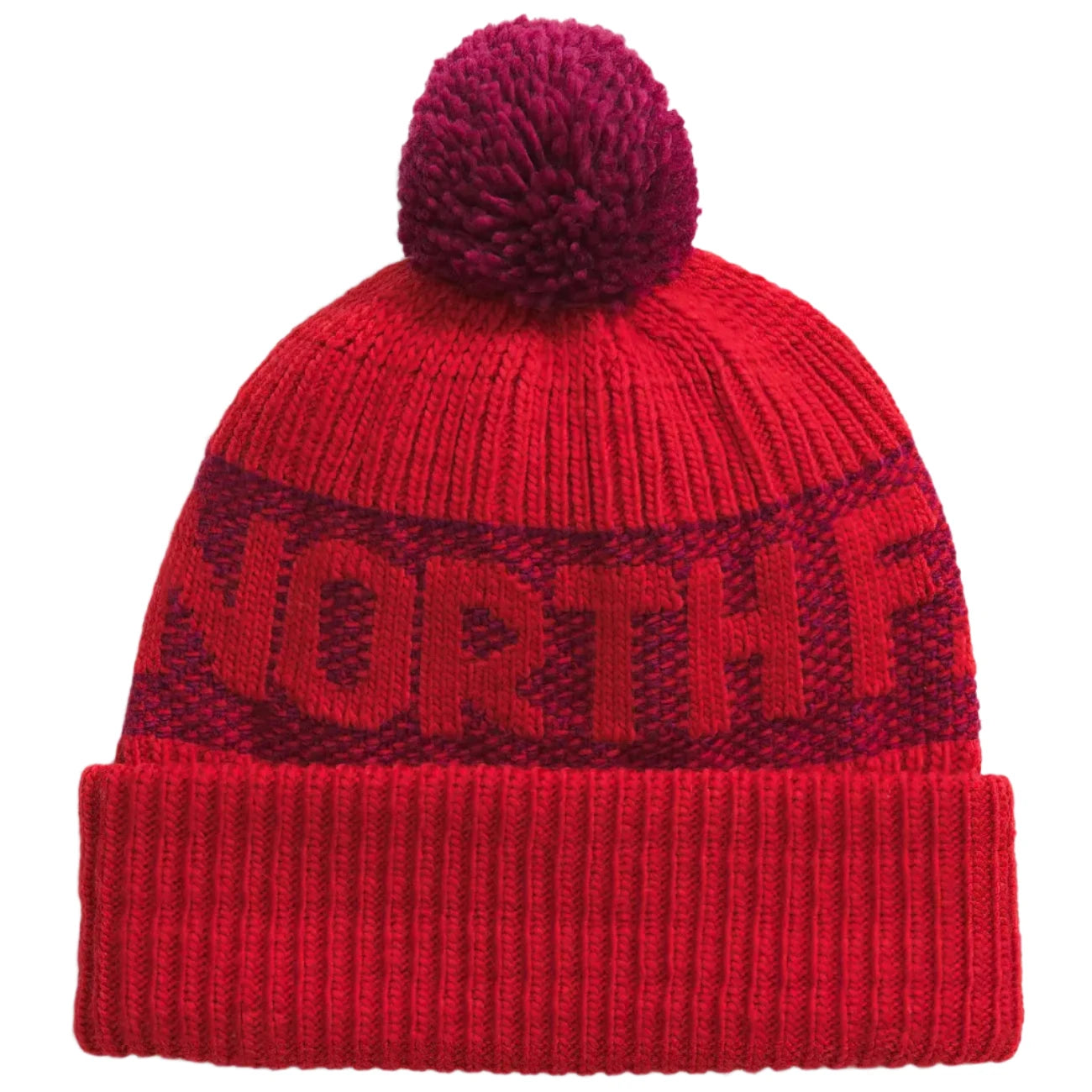 the north face retro cabin beanie in tnf red beetroot front flat view