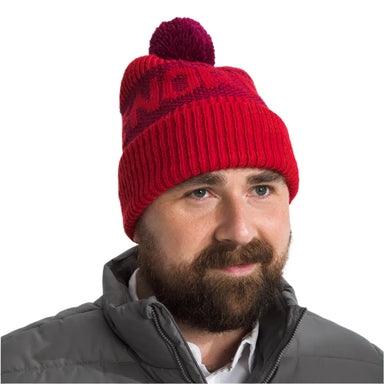 the north face retro cabin beanie in tnf red beetroot front model view