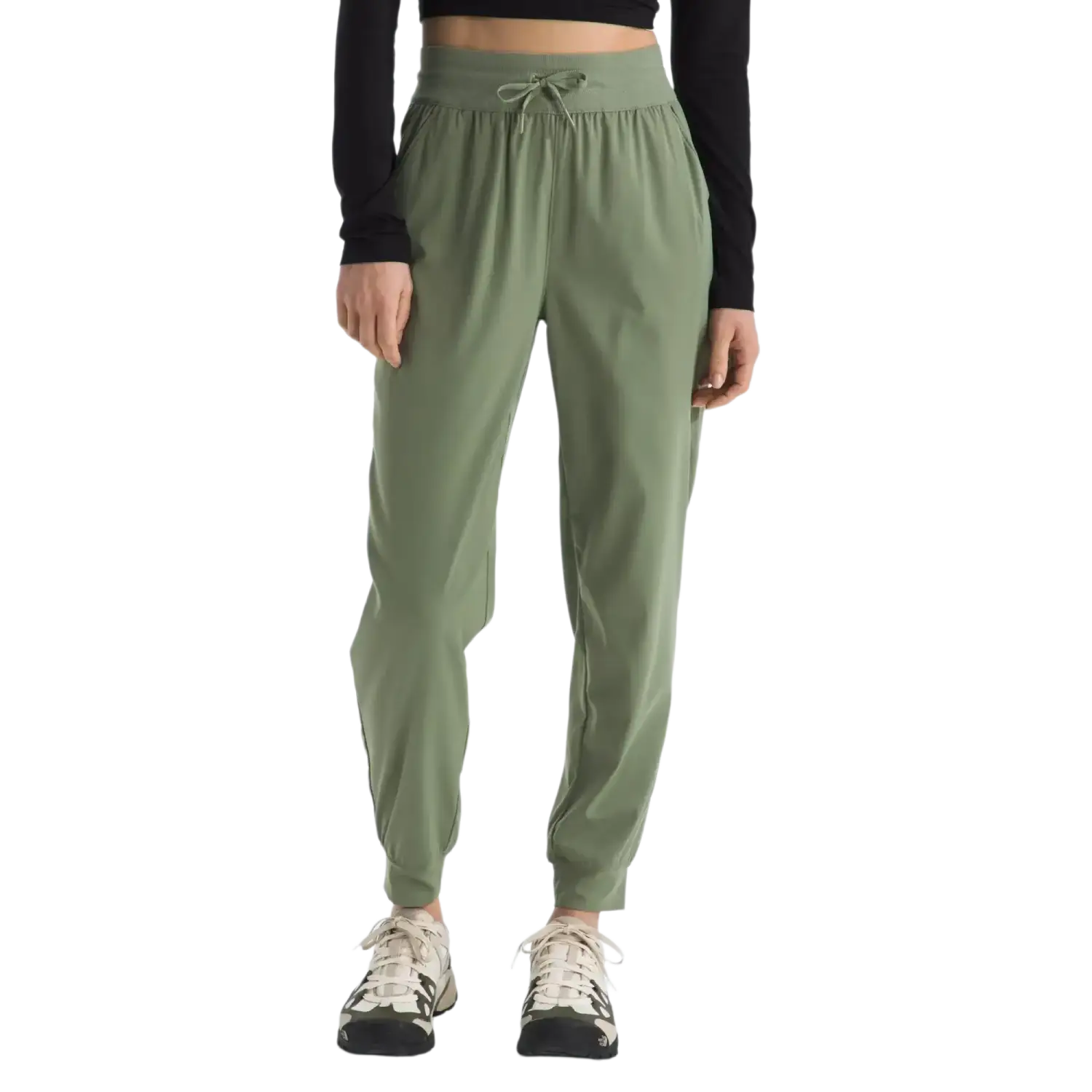 The North Face Women's Aphrodite Arise Joggers in Bark Mist, front view on model 