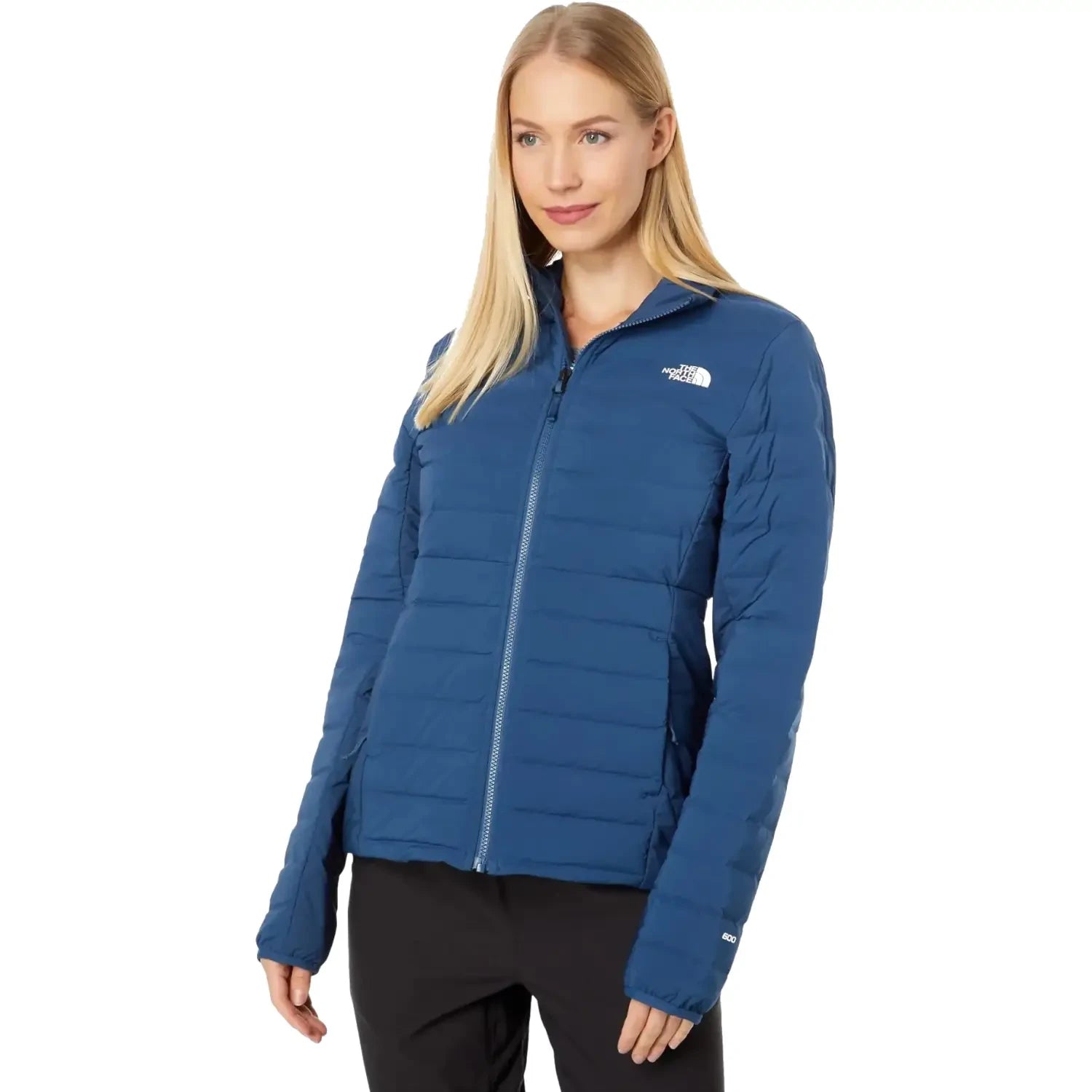 The North Face Women's Belleview Stretch Down Hoodie Shady Blue Model Front View