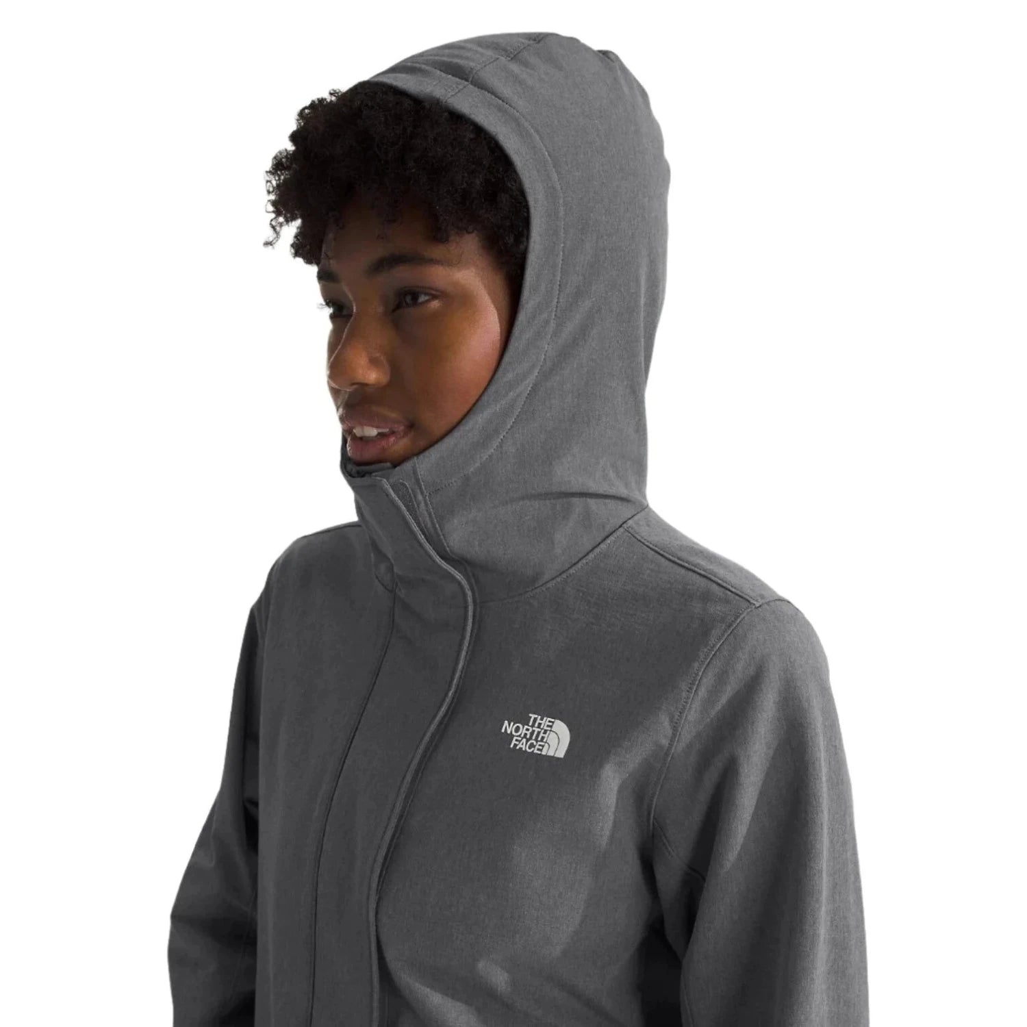 The North Face W's Shelbe Raschel Parka, Smoked Pearl Heather, front view of hood on model 