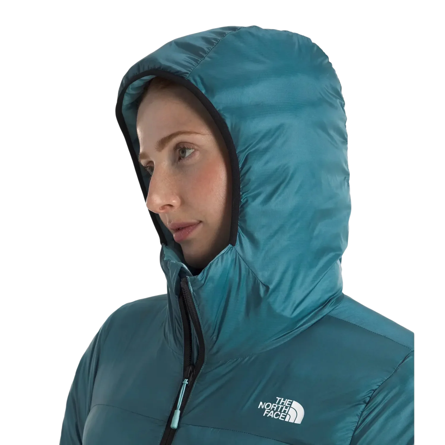 The North Face Women's Terra Peak Hoodie in Space, front view of hood on model