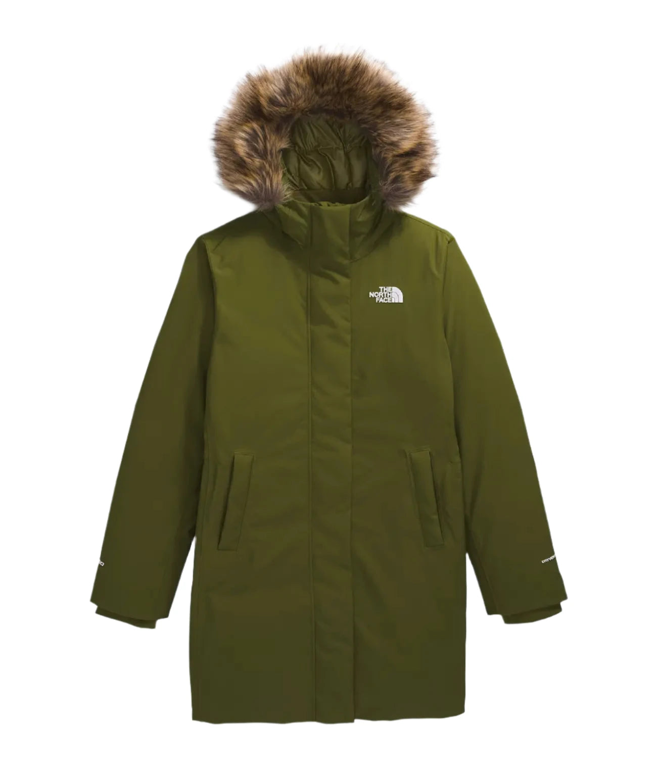 the north face women's arctic parka in forest olive front flat view