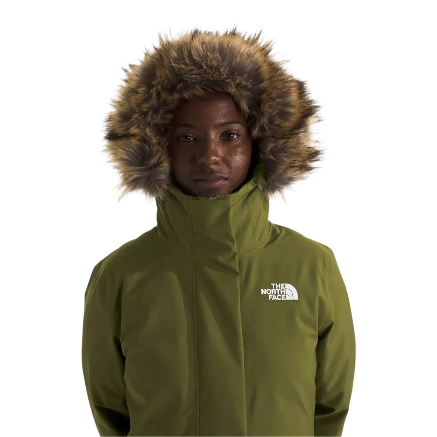 the north face women's arctic parka in forest olive front hooded model view