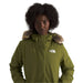 the north face women's arctic parka in forest olive front no hood model view