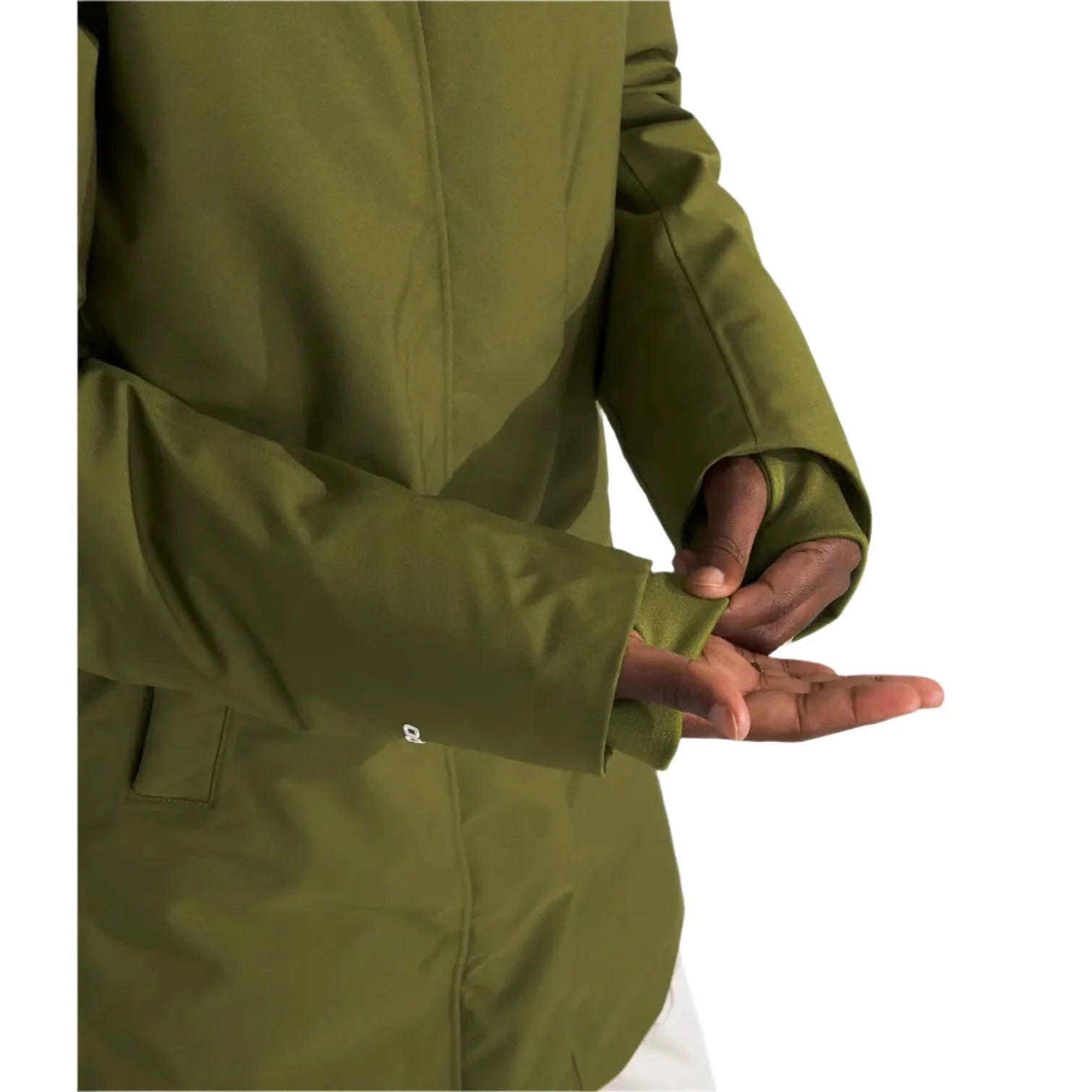 the north face women's arctic parka in forest olive sleeve details model view