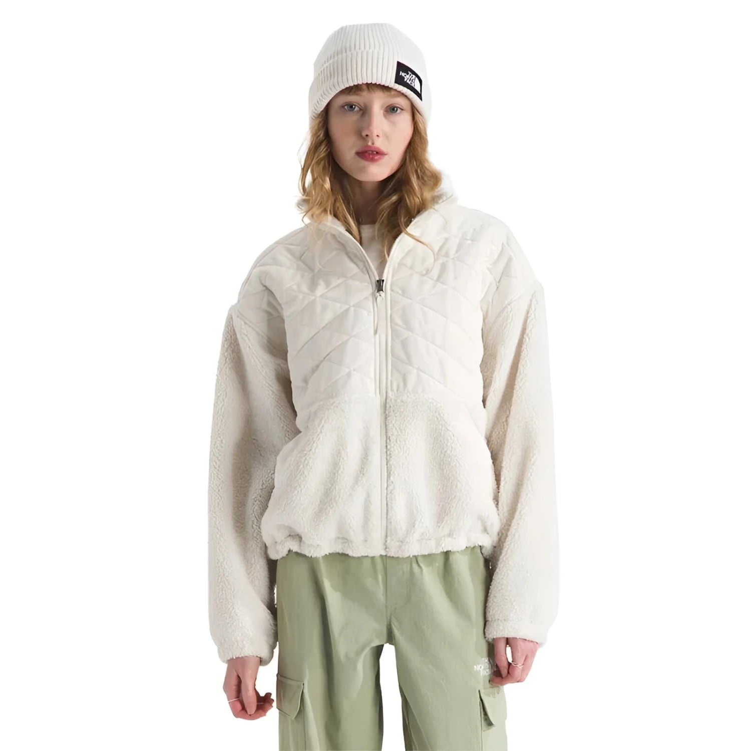The North Face Women's Cabin Fleece Full Zip in white dune, on model front view