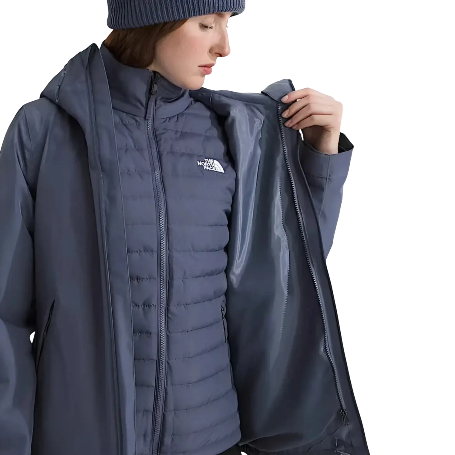 The North Face Women's Carto Mono Triclimate® Hooded Jacket in twilight galaxy, model outer unzipped