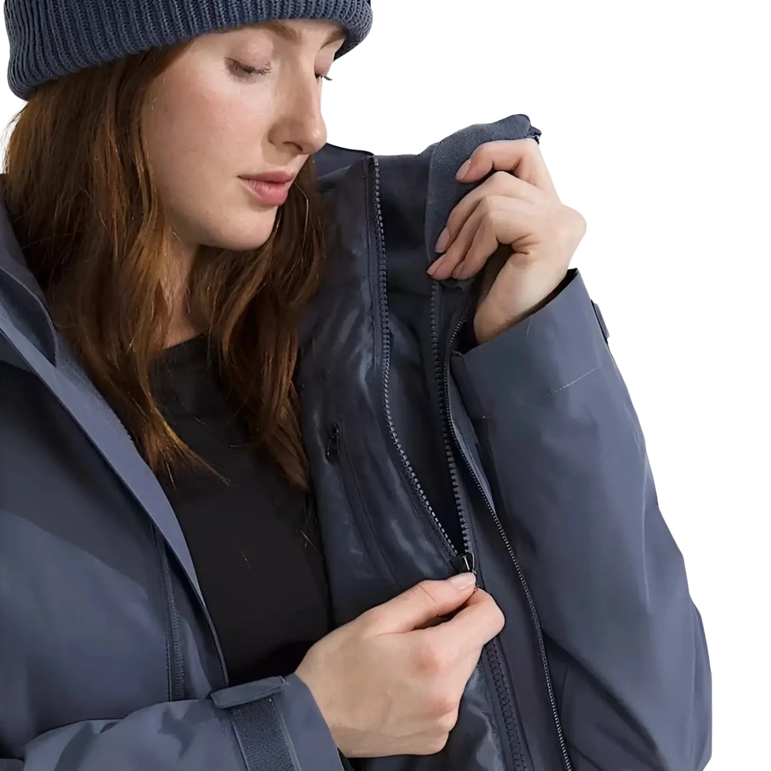 The North Face Women's Carto Mono Triclimate® Hooded Jacket in twilight galaxy, model unzipping liners