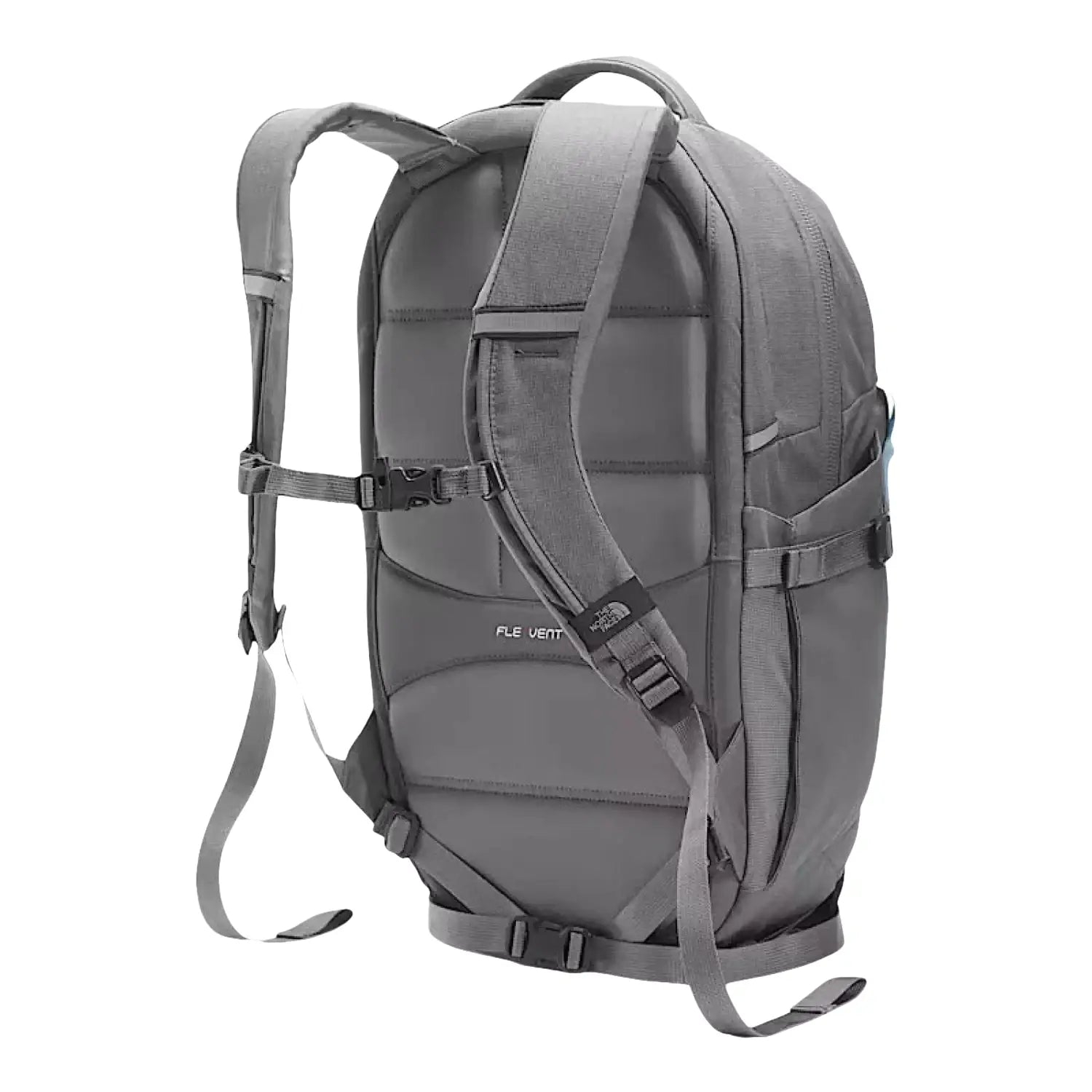 The North Face Women's Recon Backpack IN ZINC dark grey heather & powder blue, back view