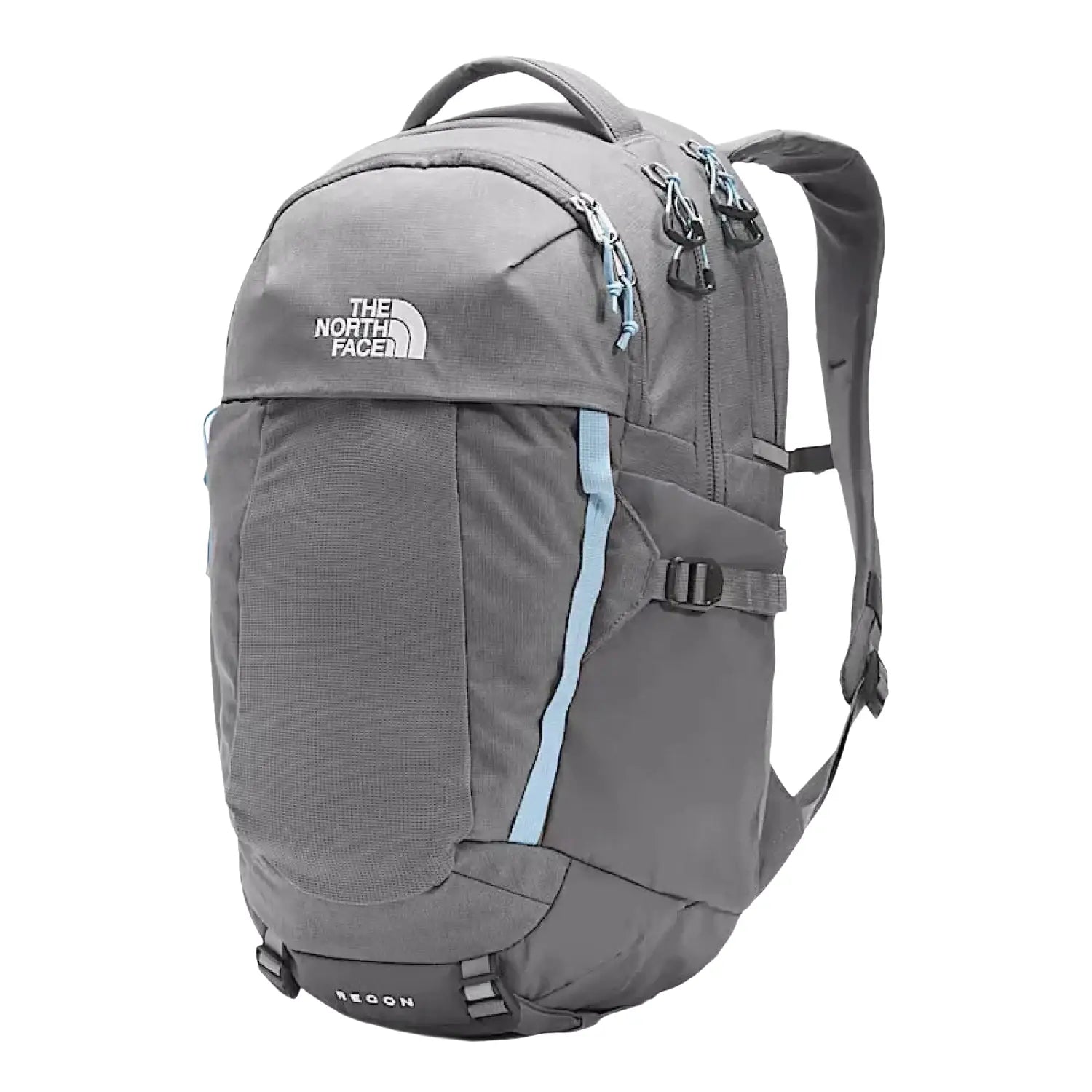 The North Face Women's Recon Backpack IN ZINC dark grey heather & powder blue, front view