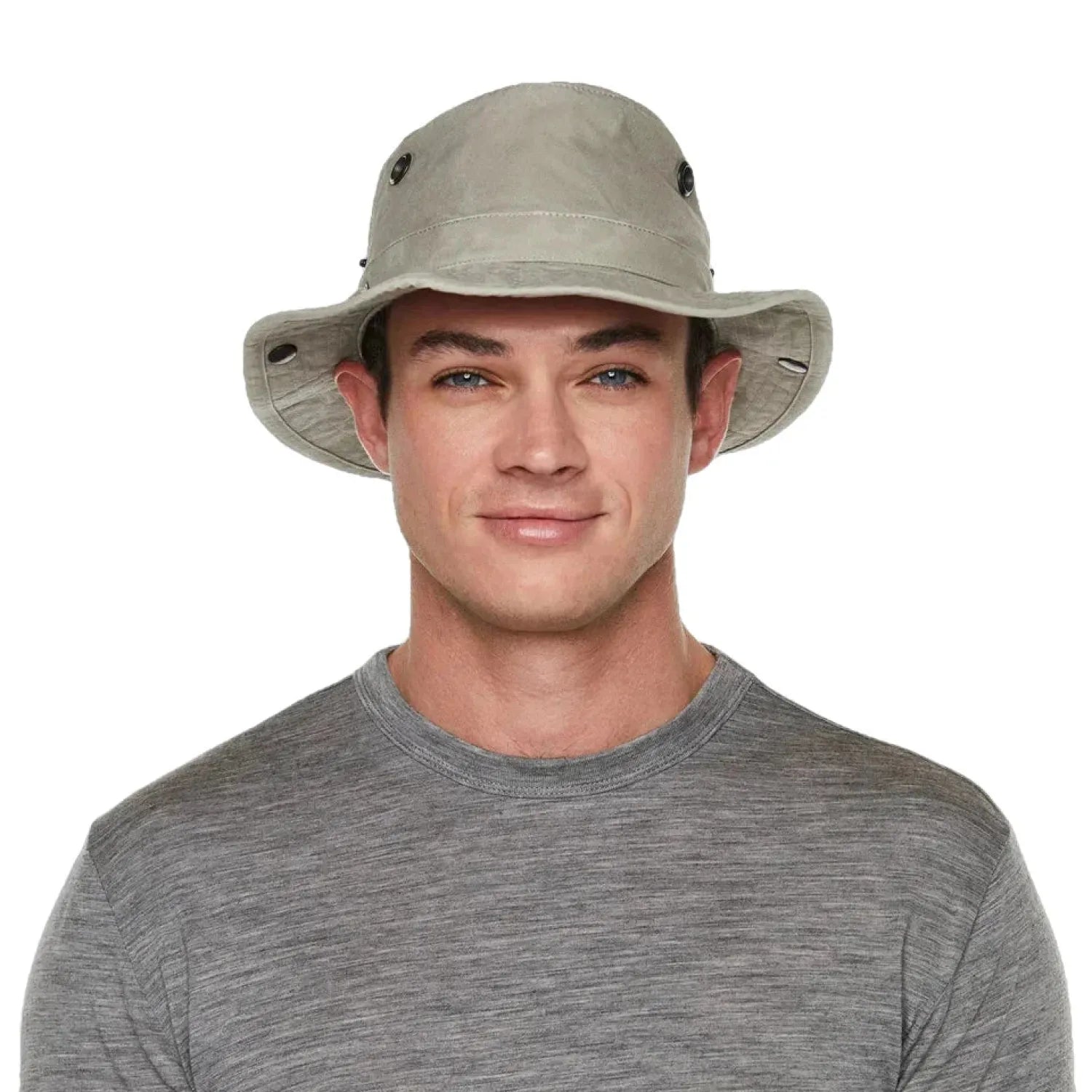 Tilley's T3 Wanderer Hat shown in Khaki on a model.