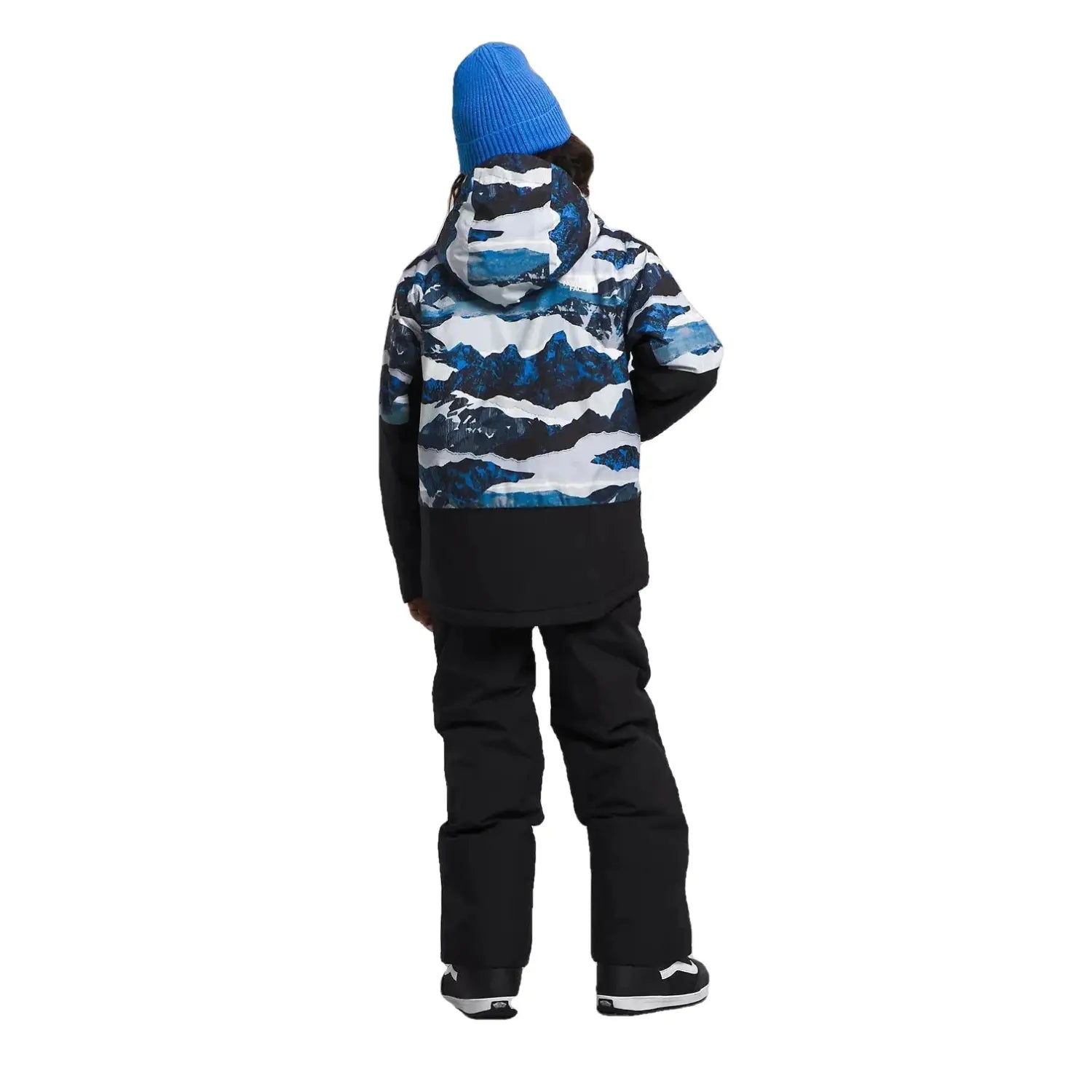 The North Face B's Freedom Insulated Jacket, Optic Blue Mountain Print, back view on model