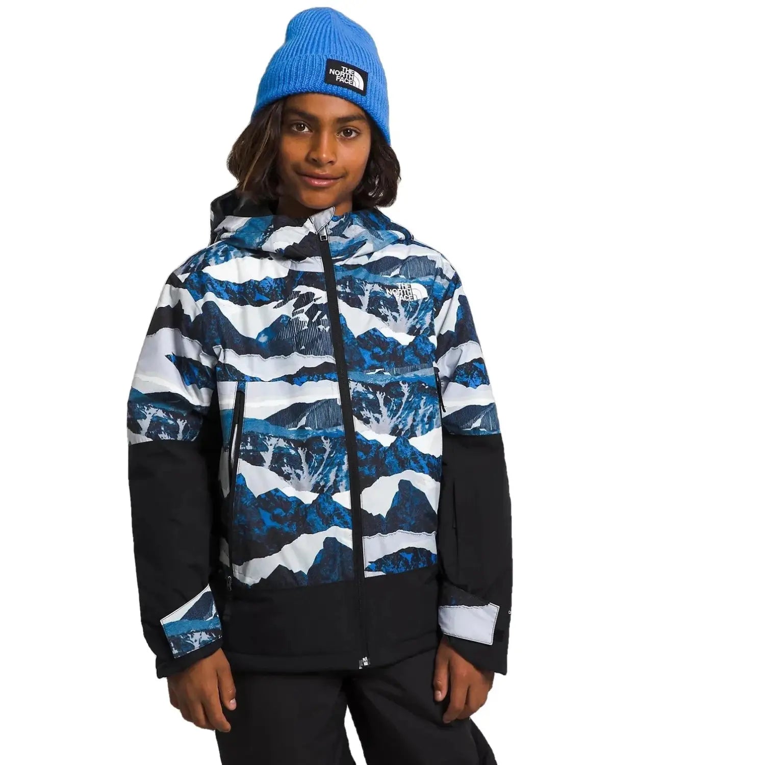 The North Face B's Freedom Insulated Jacket,  Optic Blue Mountain Print, front view on model
