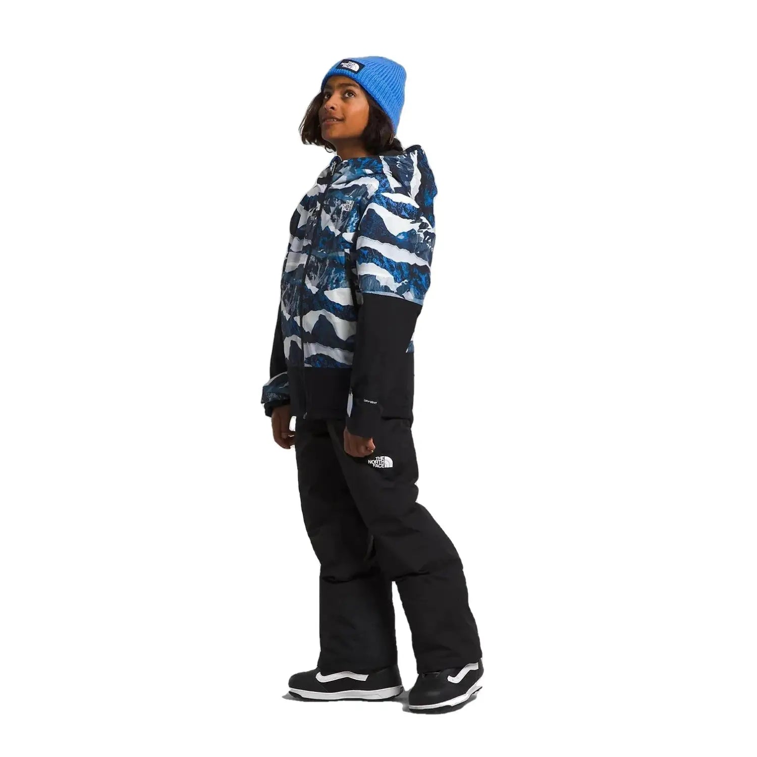 The North Face B's Freedom Insulated Jacket, Optic Blue Mountain Print, side view on model