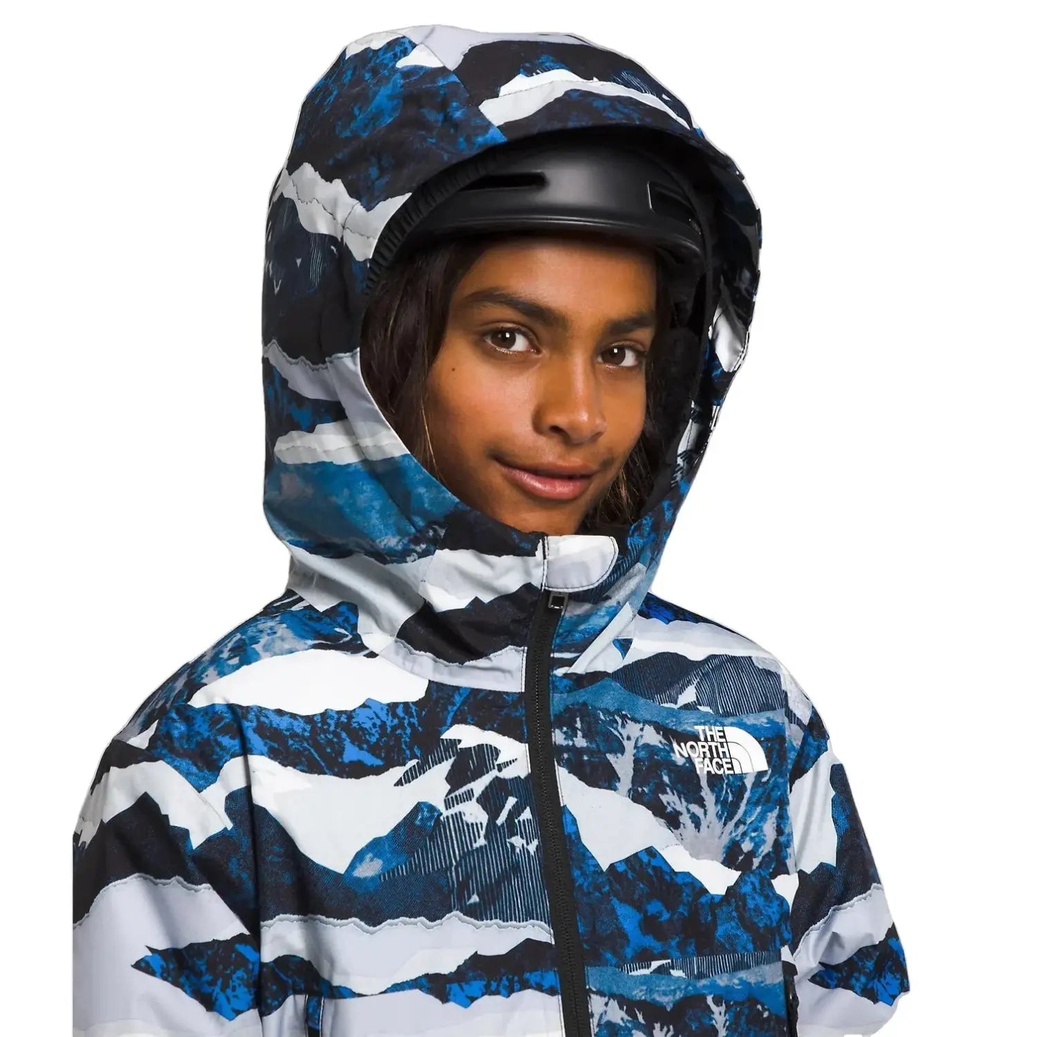 The North Face B's Freedom Insulated Jacket, Optic Blue Mountain Print, hood view on model