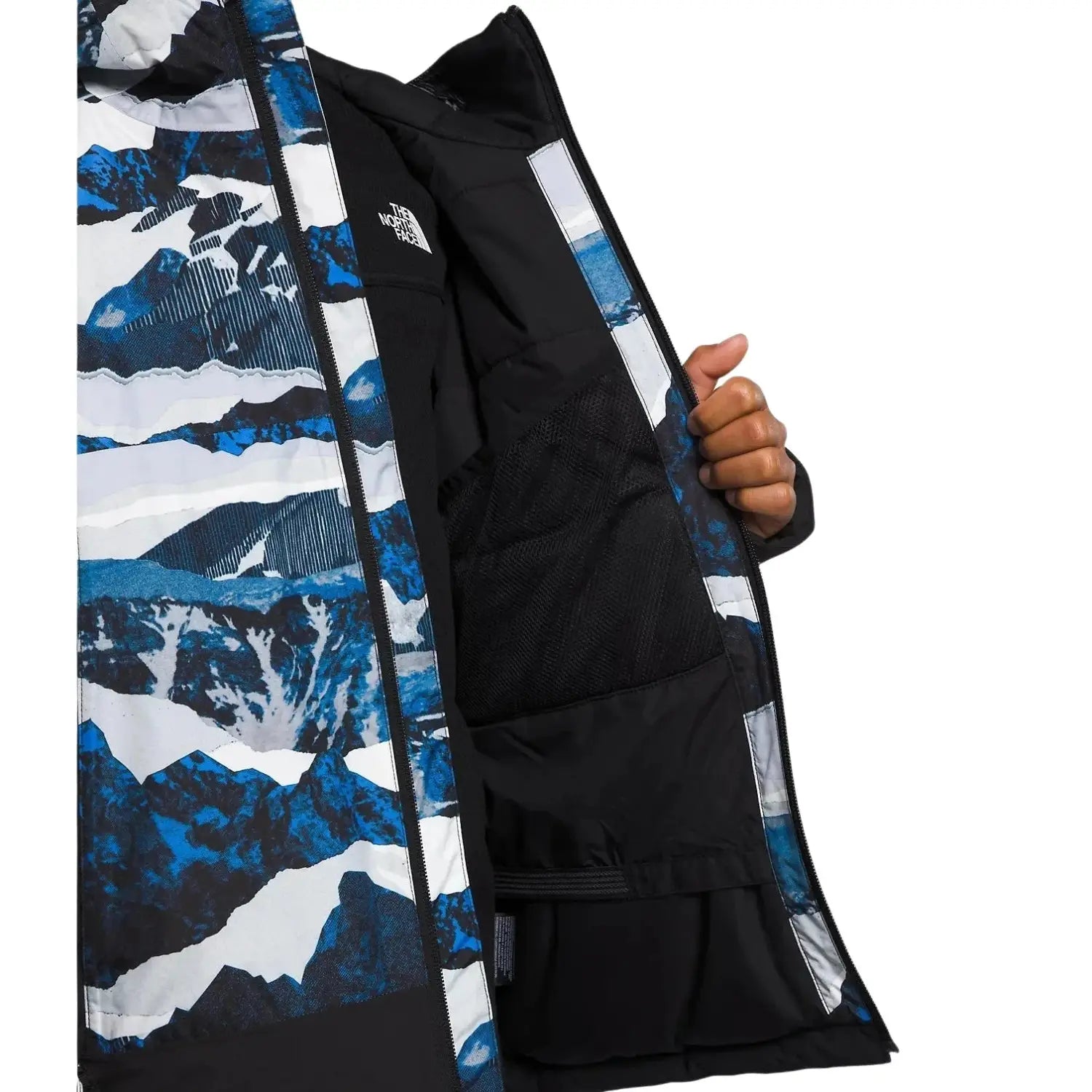 The North Face B's Freedom Insulated Jacket, Optic Blue Mountain Print, inside pocket view on model