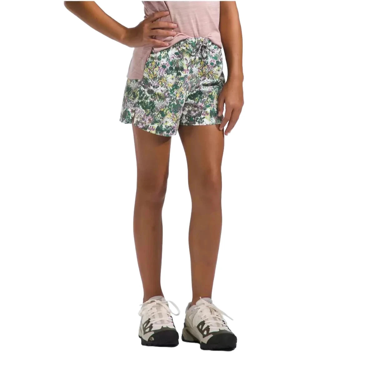 The North Face K's Amphibious Class V Shorts, Mineral Purple Floral, front view on model