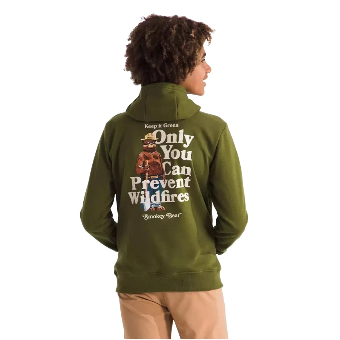 The North Face K's Camp Fleece Pullover Hoodie, Forest Olive Smokey The Bear, back view on model