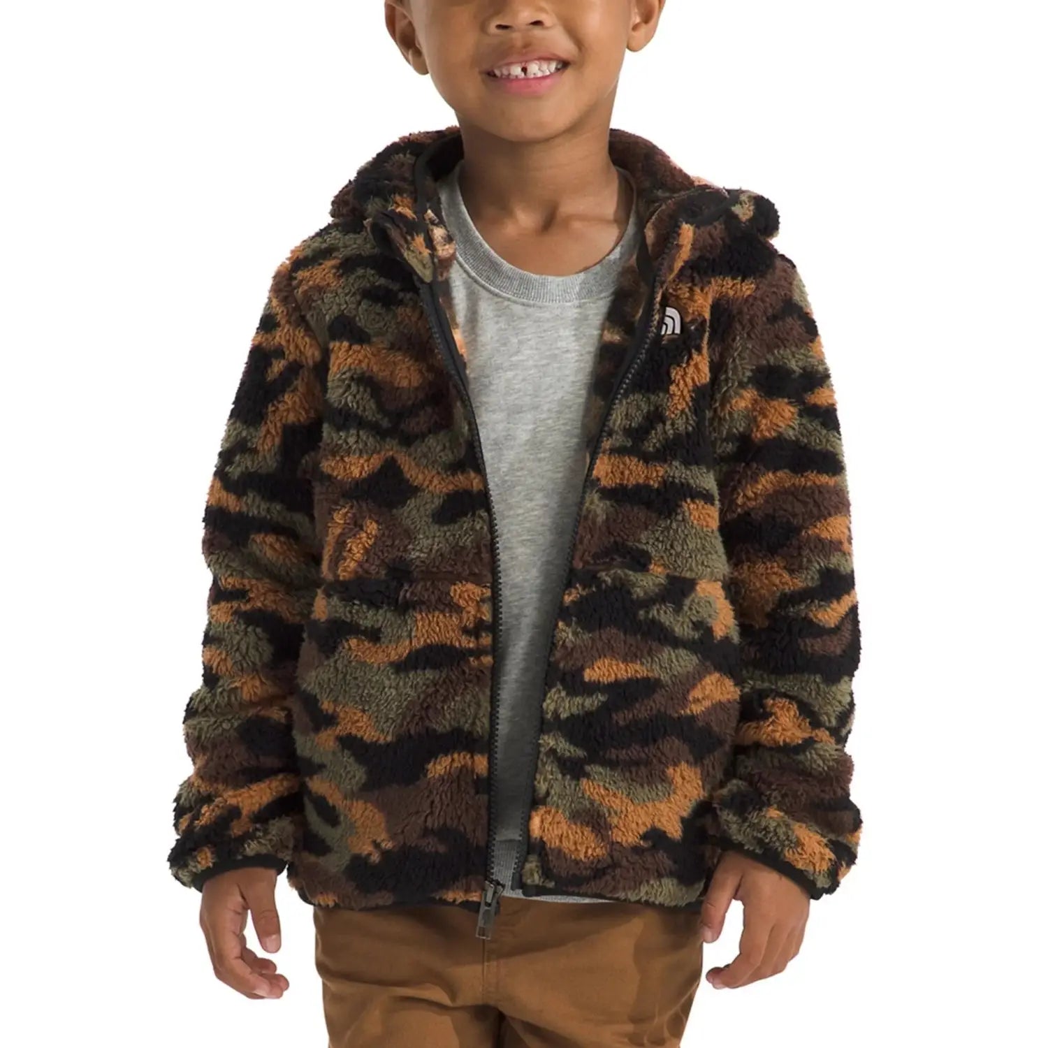 The North Face K's Campshire Full-Zip Hoodie, TNF Black Camo print, front view on model 