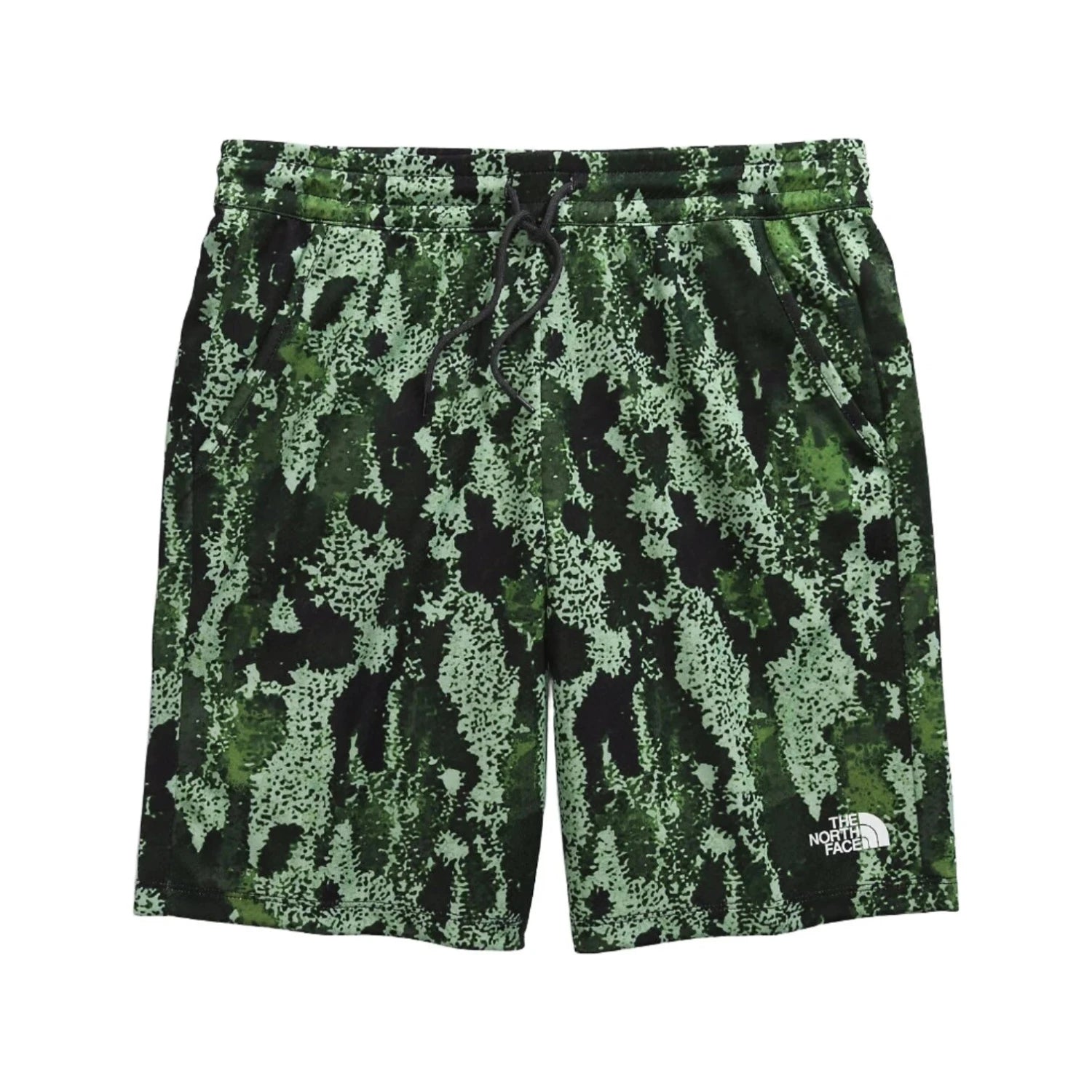 The North Face K's Never Stop Shorts, Misty Sage Camo Print, front view on flat 