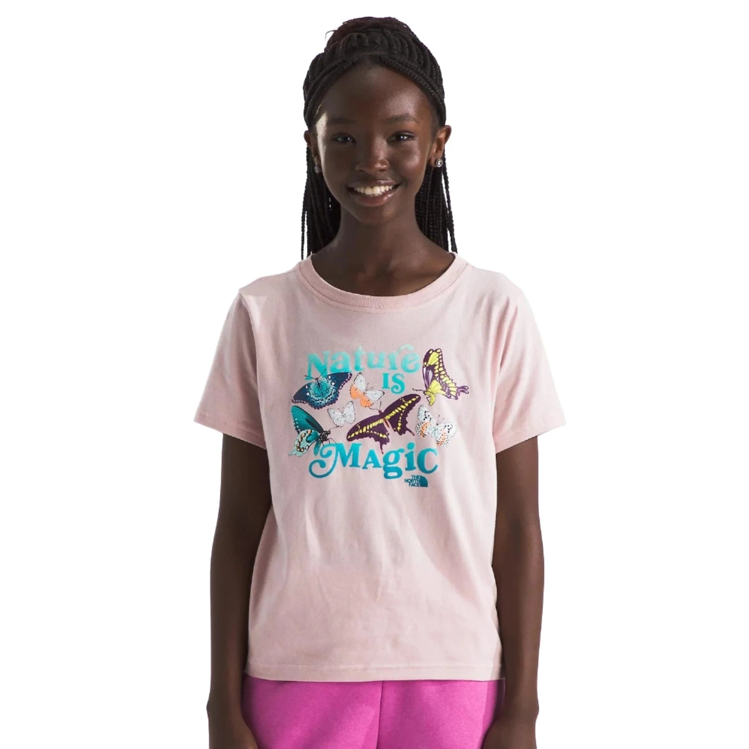 The North Face K's Short-Sleeve Graphic Tee, Pink Moss, front view on model