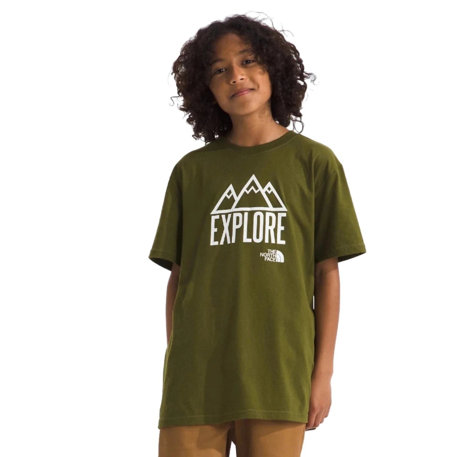 The North Face K's Short-Sleeve Graphic Tee, Forest Olive, front view on model