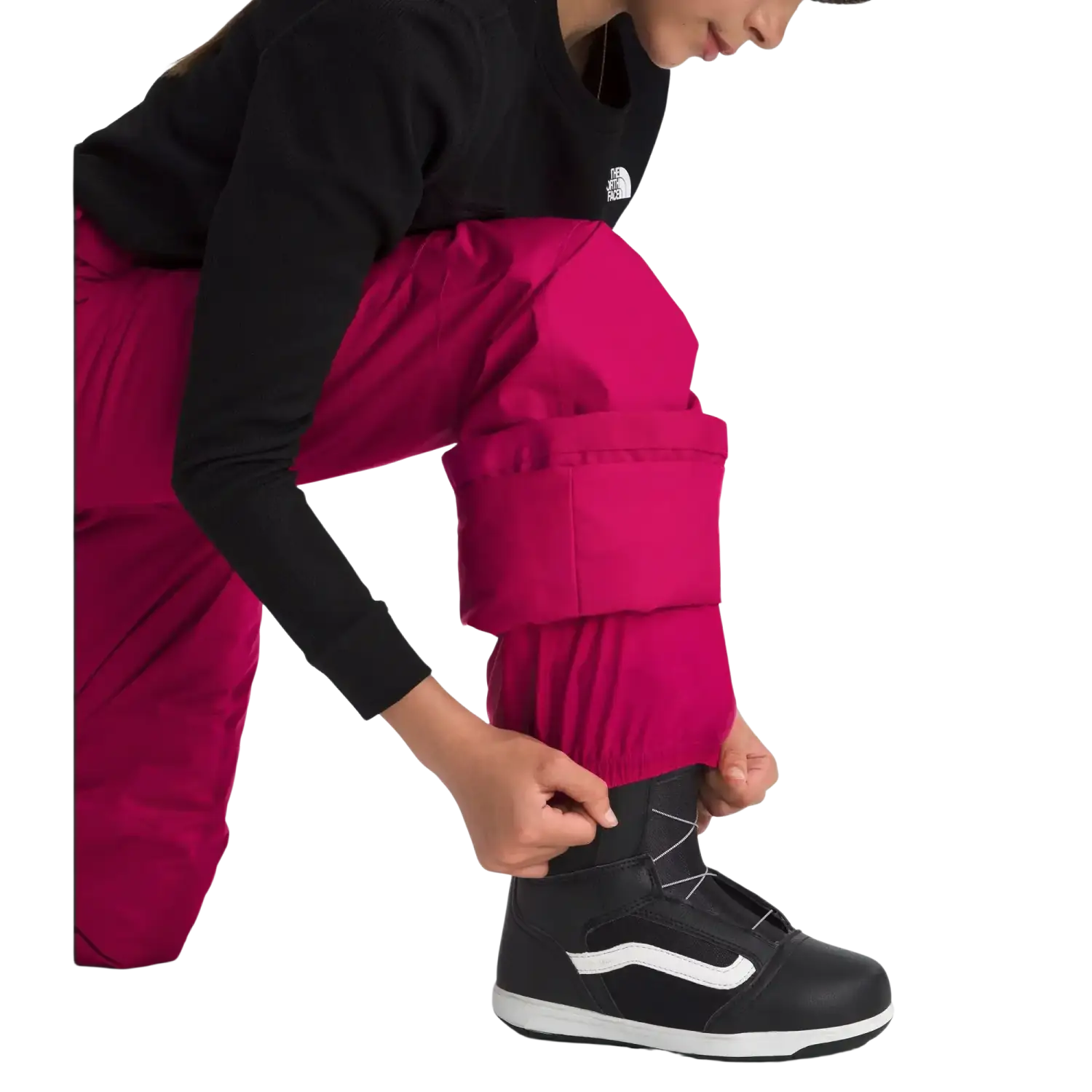 The North Face Kid's Freedom Insulated Pants in Lali Guan, view of cuff on model 