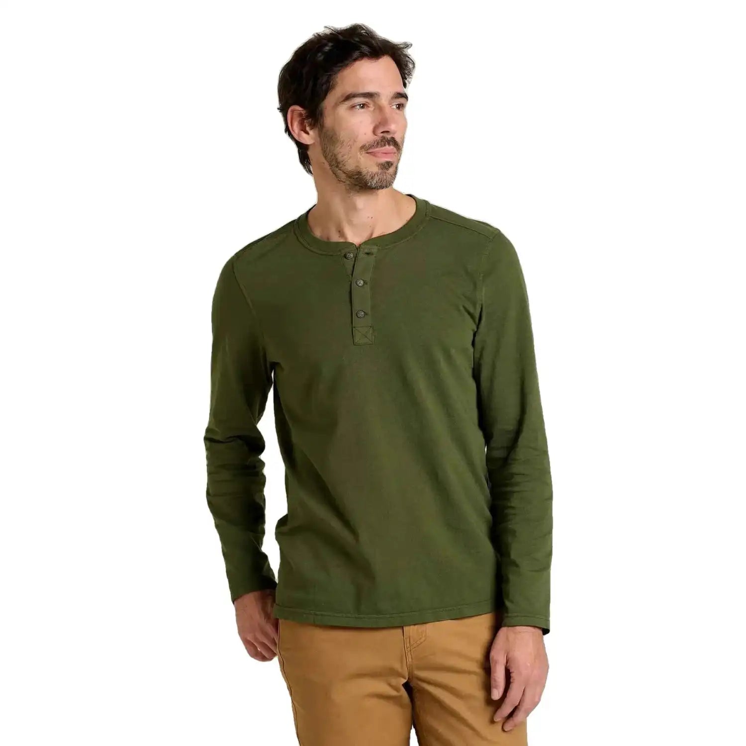 Toad & Co M's Primo Long Sleeve Henley, Chive, front view on model