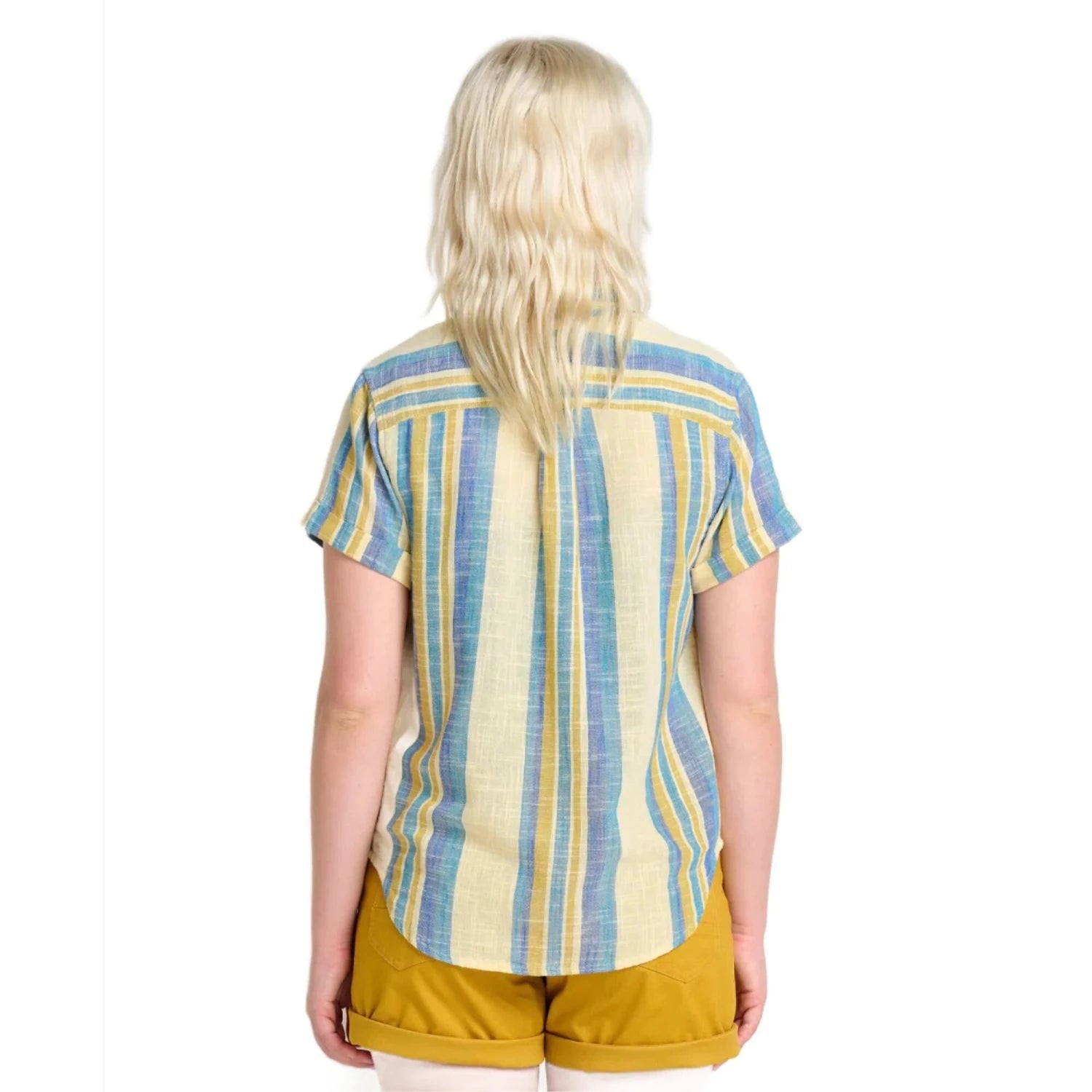 Toad&Co W's Camp Cove Short Sleeve Shirt, Barley Stripe, back view on model
