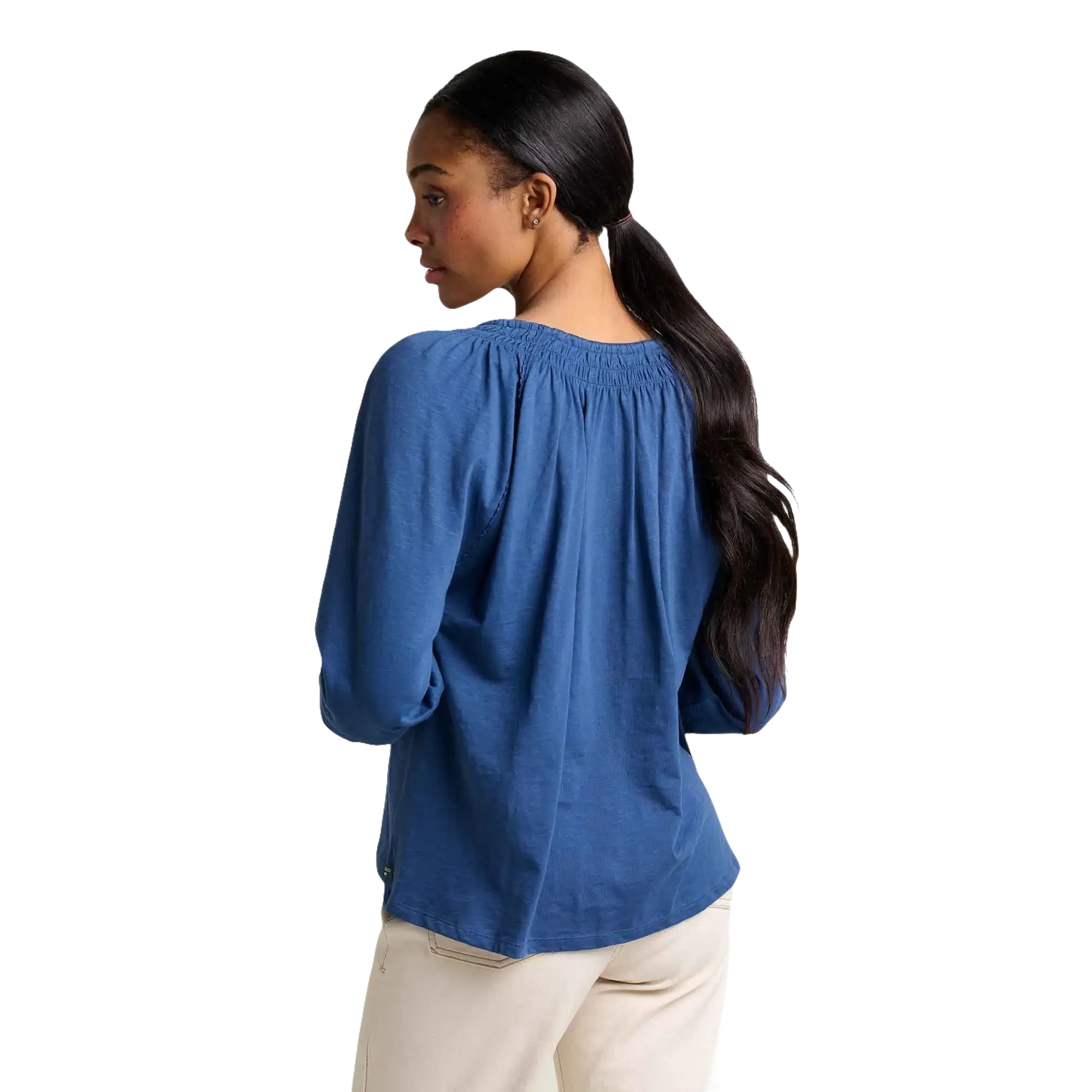 Toad & Co Women's Primo Peasant Top, Deep Sea, back view on model 