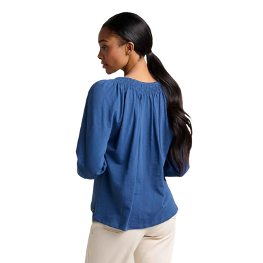 Toad & Co Women's Primo Peasant Top, Deep Sea, back view on model 