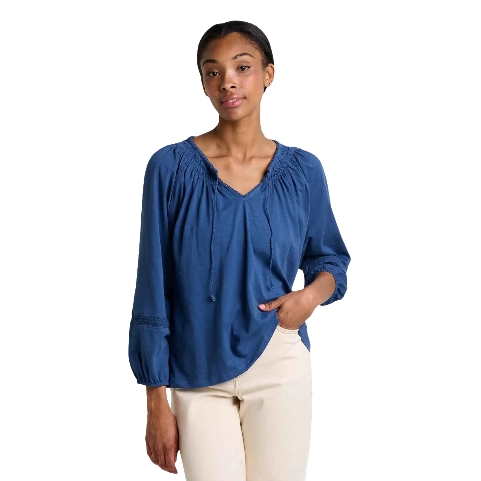 Toad & Co Women's Primo Peasant Top, Deep Sea, front view on model 