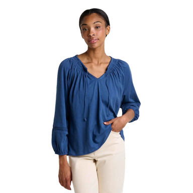 Toad & Co Women's Primo Peasant Top, Deep Sea, front view on model 