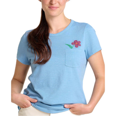 Toad & Co Women's Embroidered Primo Short Sleeve Crew Weathered Blue Model Front Detail