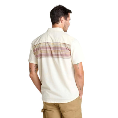 Toad & Co Men's Airscape Short Sleeve Shirt shown in the Dark Roast Stripe color option. Back view on model.