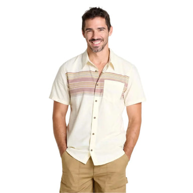 Toad & Co Men's Airscape Short Sleeve Shirt shown in the Dark Roast Stripe color option. Front view on model.