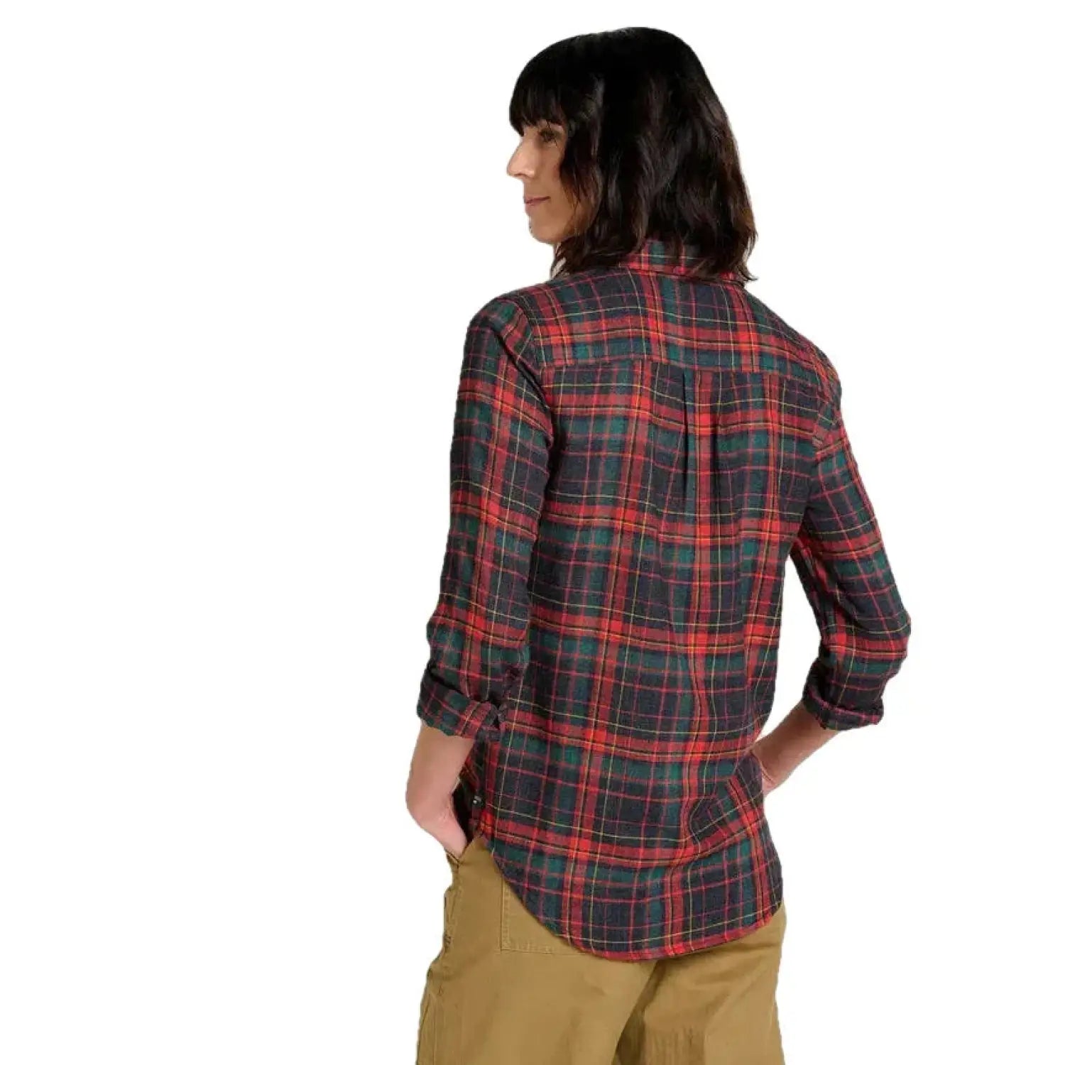 Toad & Co Women's Re-Form Flannel Shirt Black Model Back View