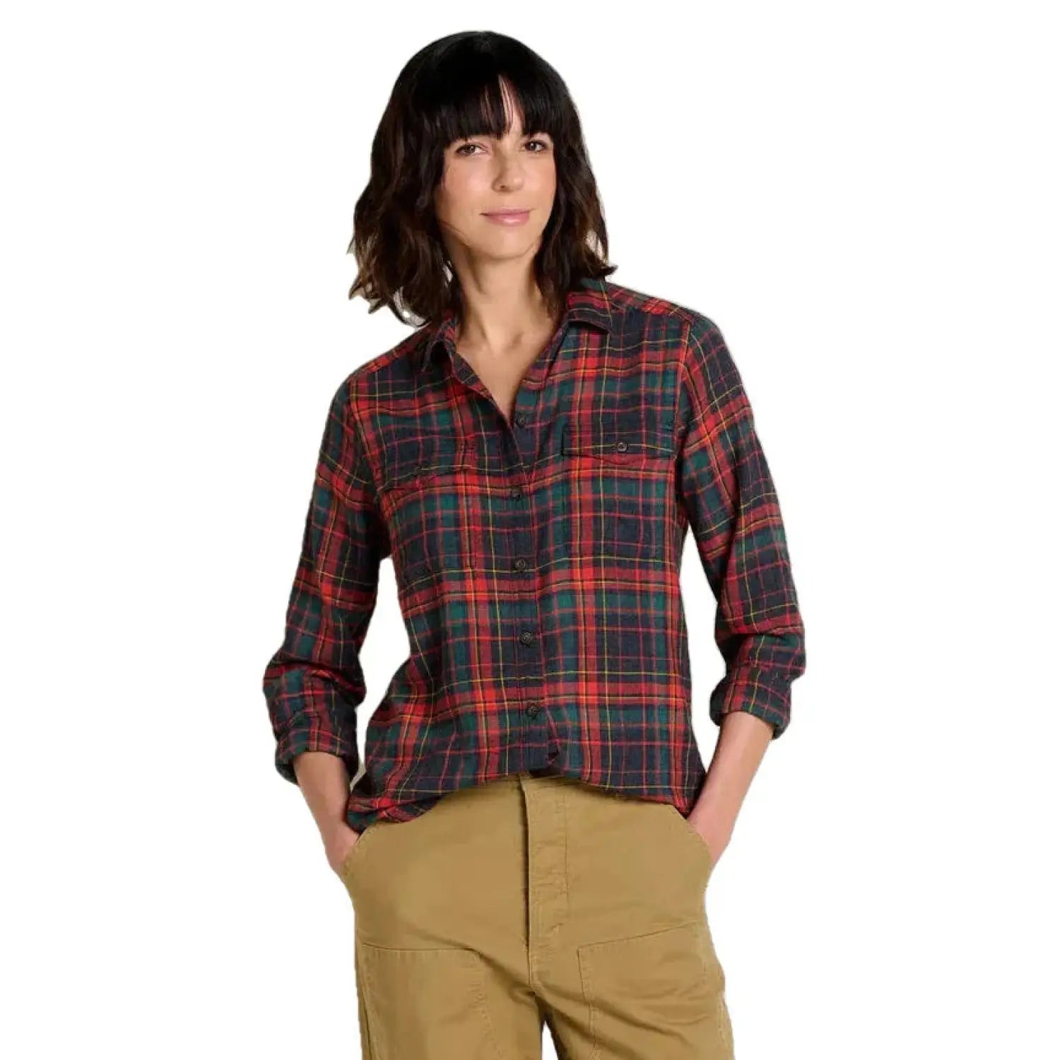 Toad & Co Women's Re-Form Flannel Shirt Black Model Front View
