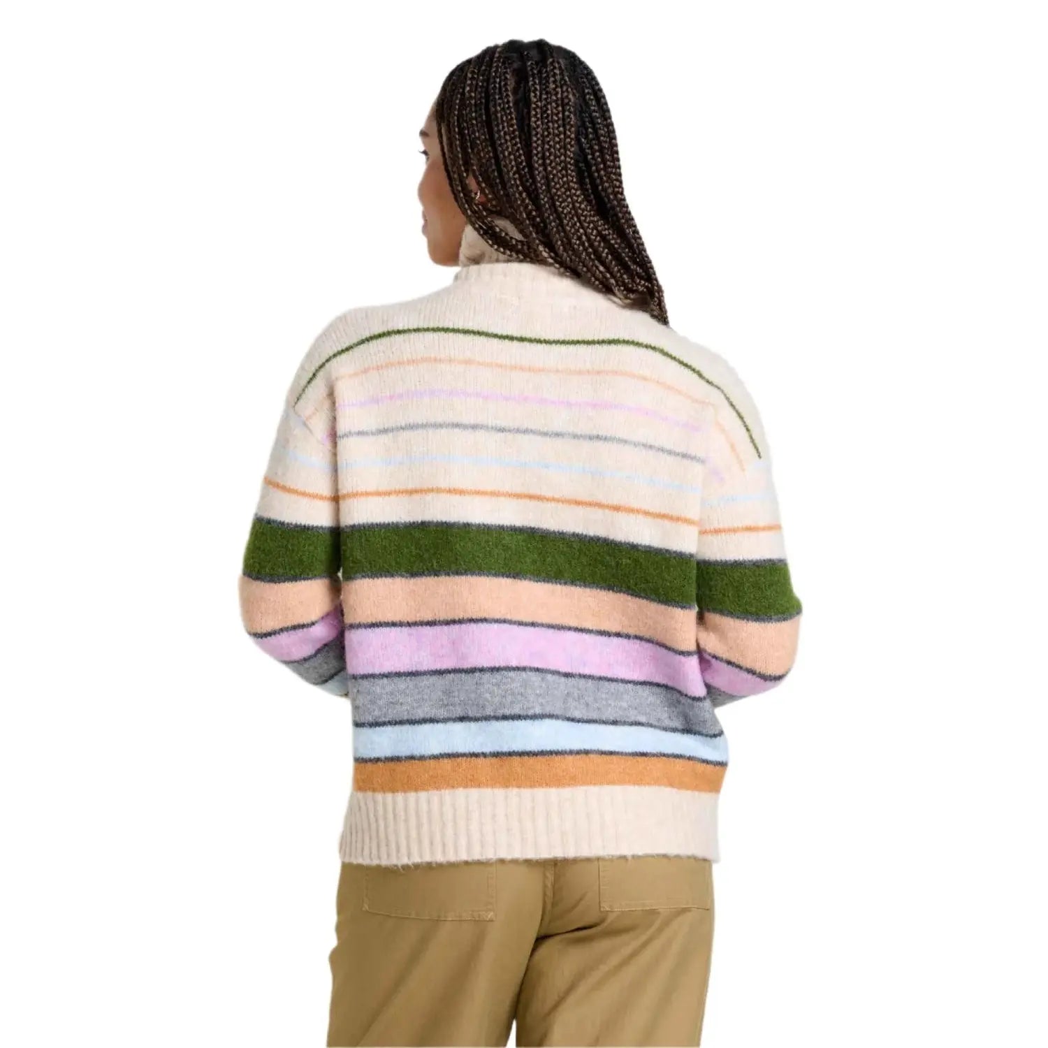 Toad & Co Women's Toddy T-Neck Sweater shown in the Oatmeal Stripe color option. Back view.