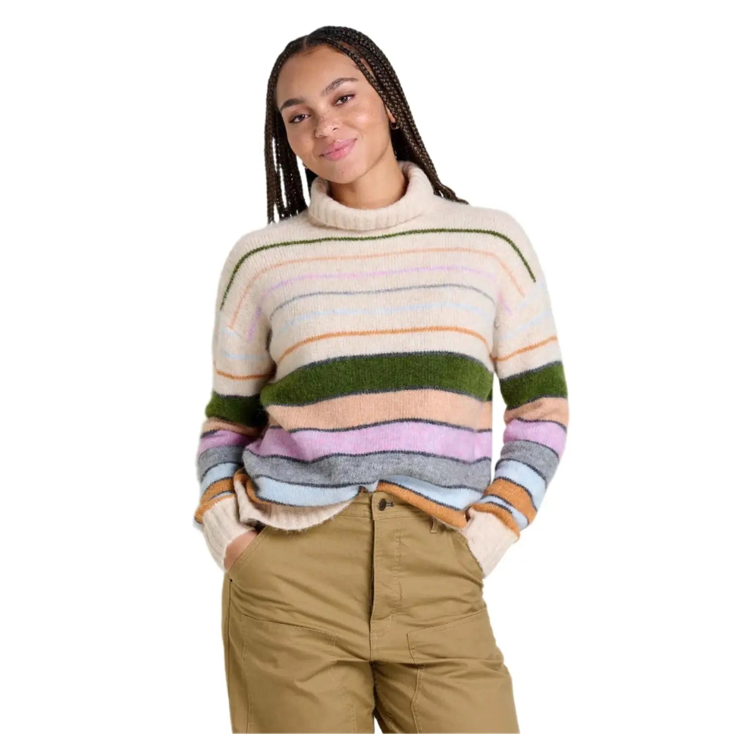 Toad & Co Women's Toddy T-Neck Sweater shown in the Oatmeal Stripe color option. Front view.