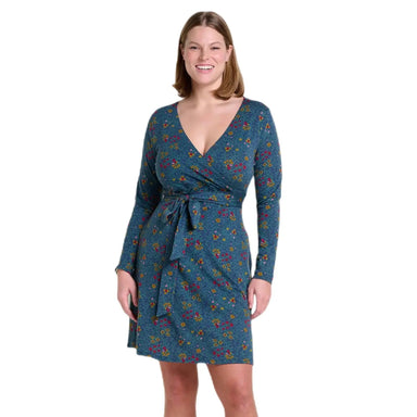 Toad&Co W's Cue Wrap Long Sleeve Dress, True Navy Flower Print, front view on model 